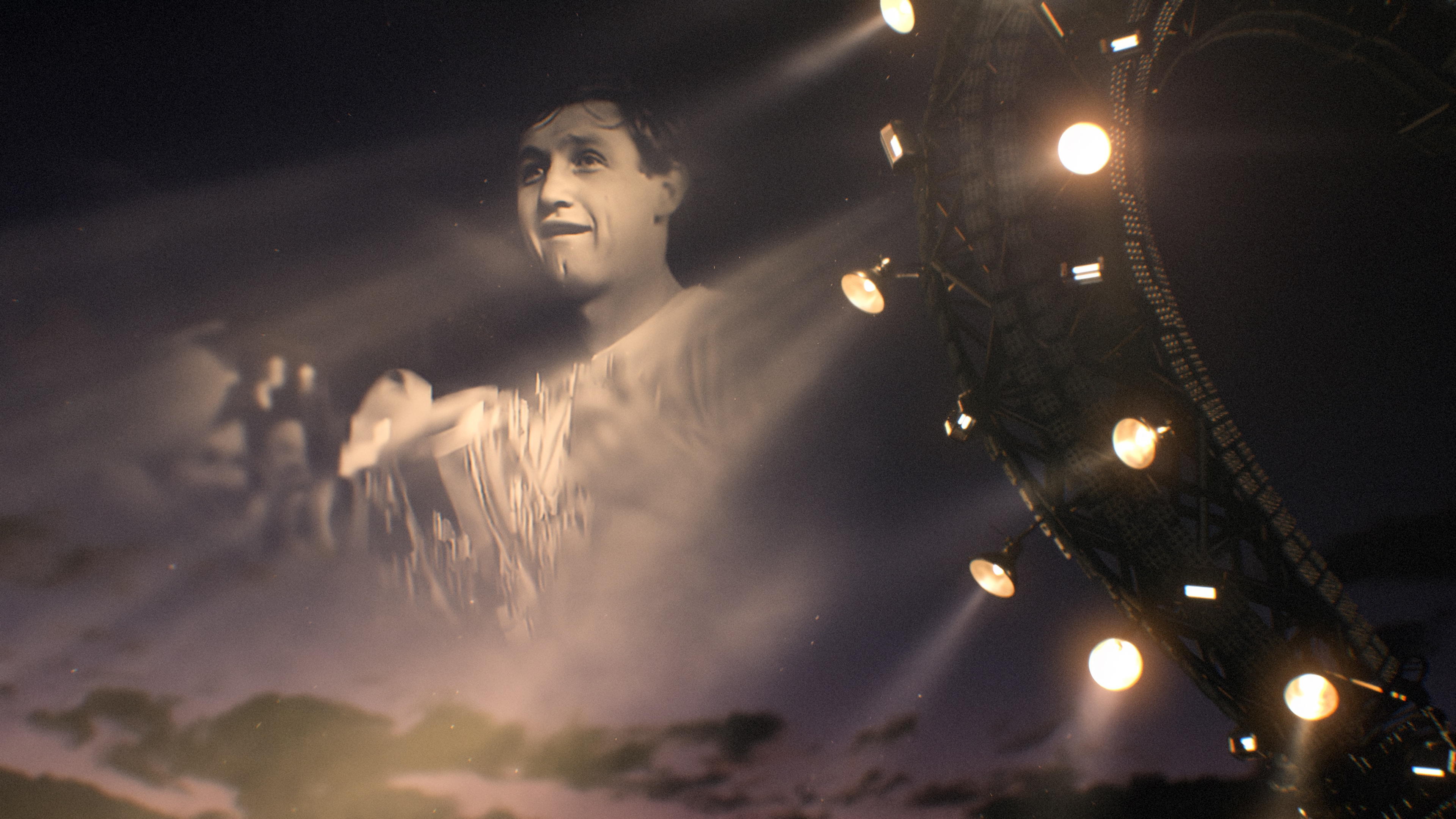 Vintage black-and-white footballer projected into the night sky beside the cup's curved steel handle lined with spotlights