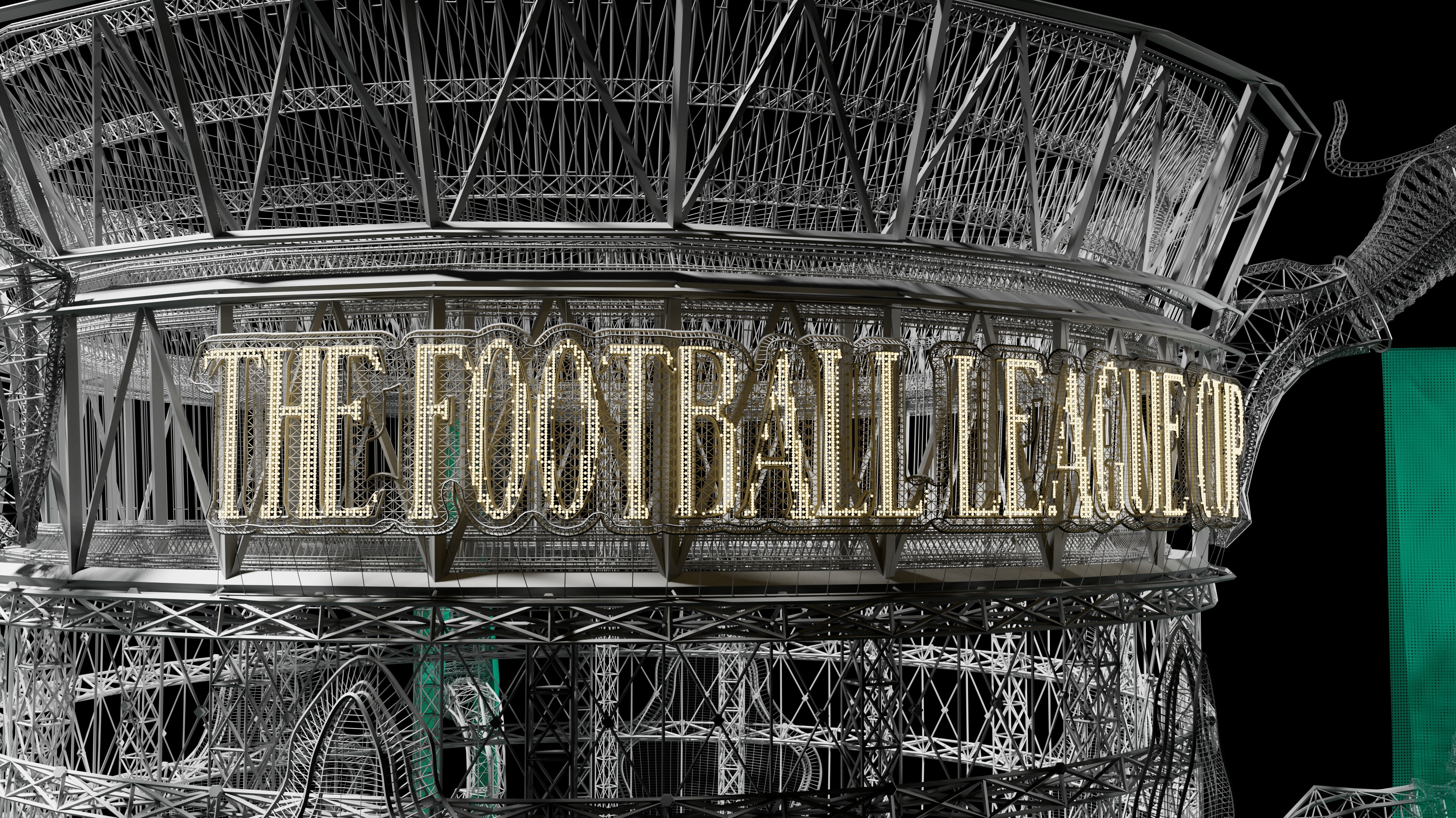 Grey untextured render of the steel-lattice cup exterior, with 'The Football League Cup' lettering picked out in bulb lights