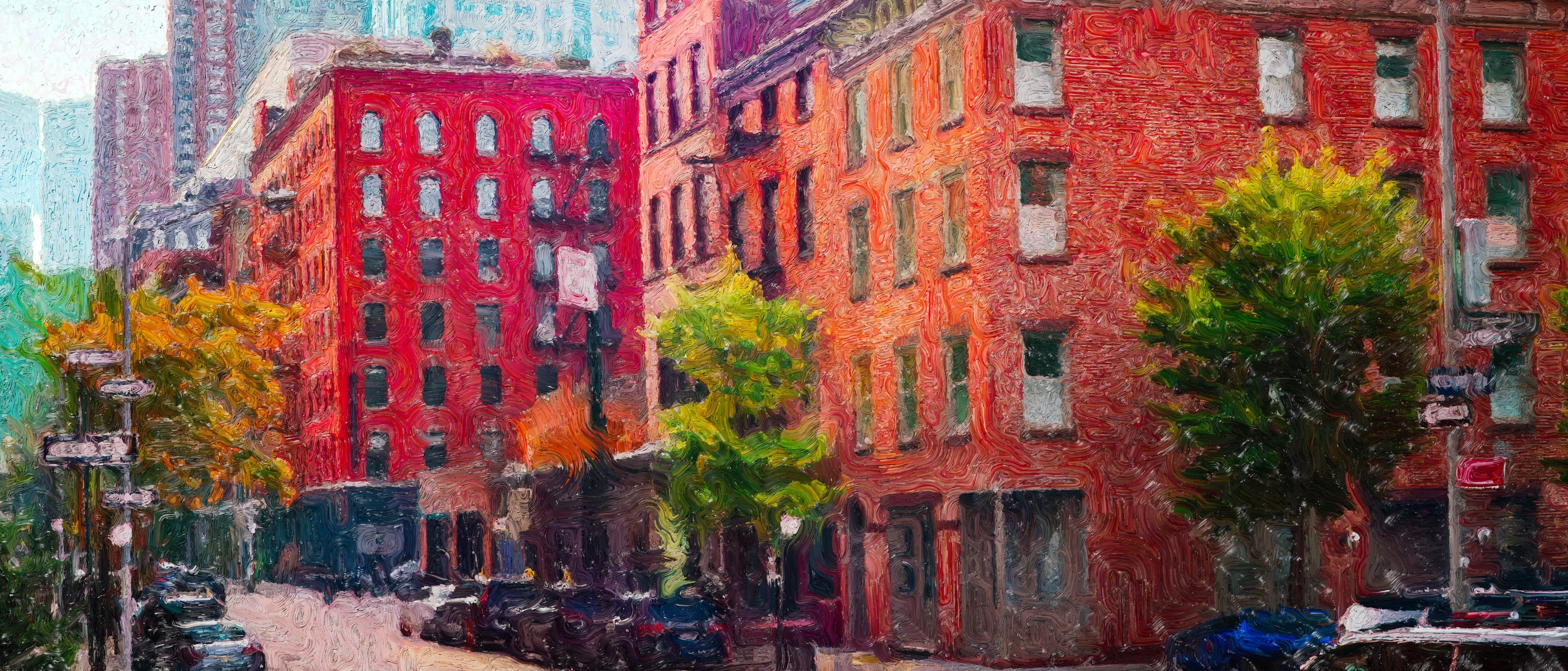 Panoramic oil painting of red brick corner buildings in lower Manhattan, lined with trees, parked cars and street signs