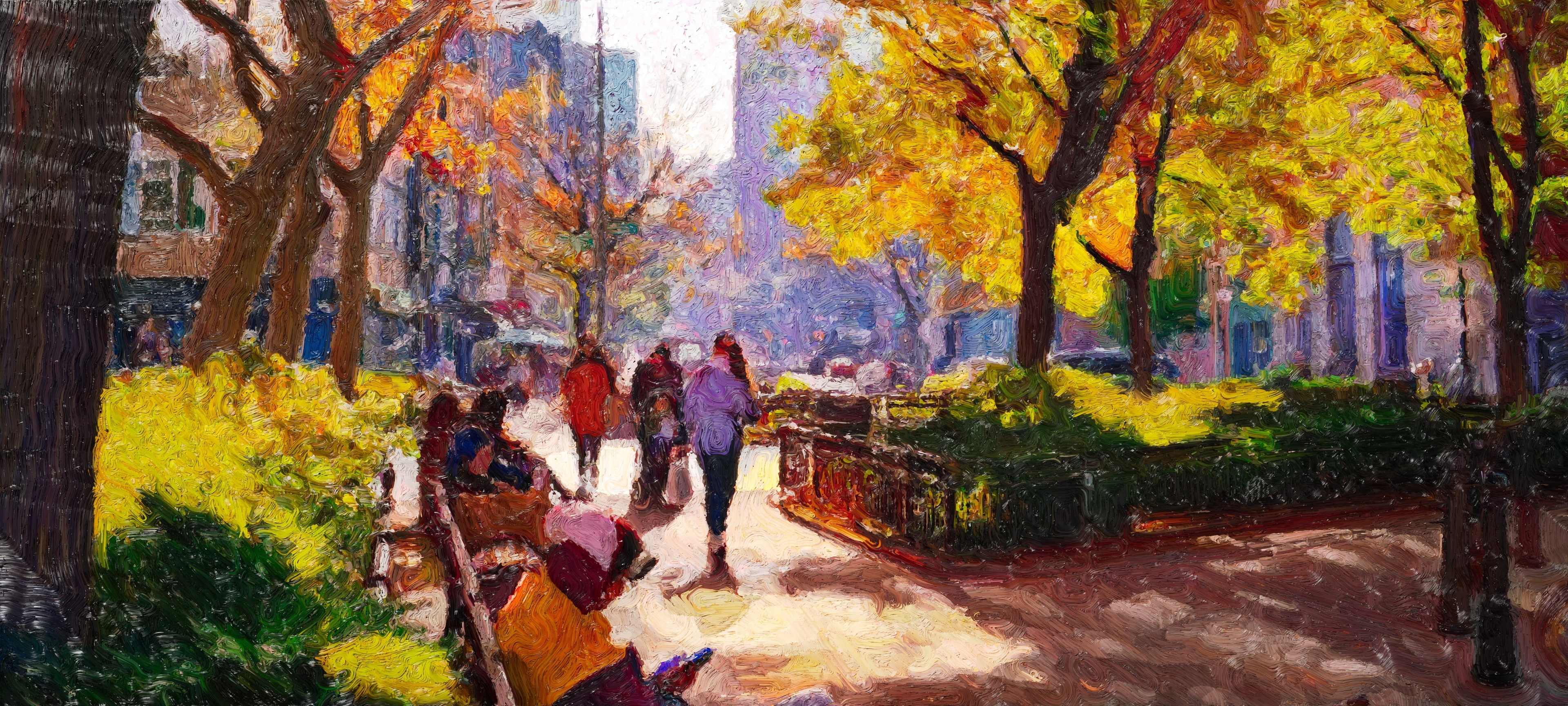 Sunlit painted panorama of a New York park path under golden autumn trees, with pedestrians, a stroller and benches