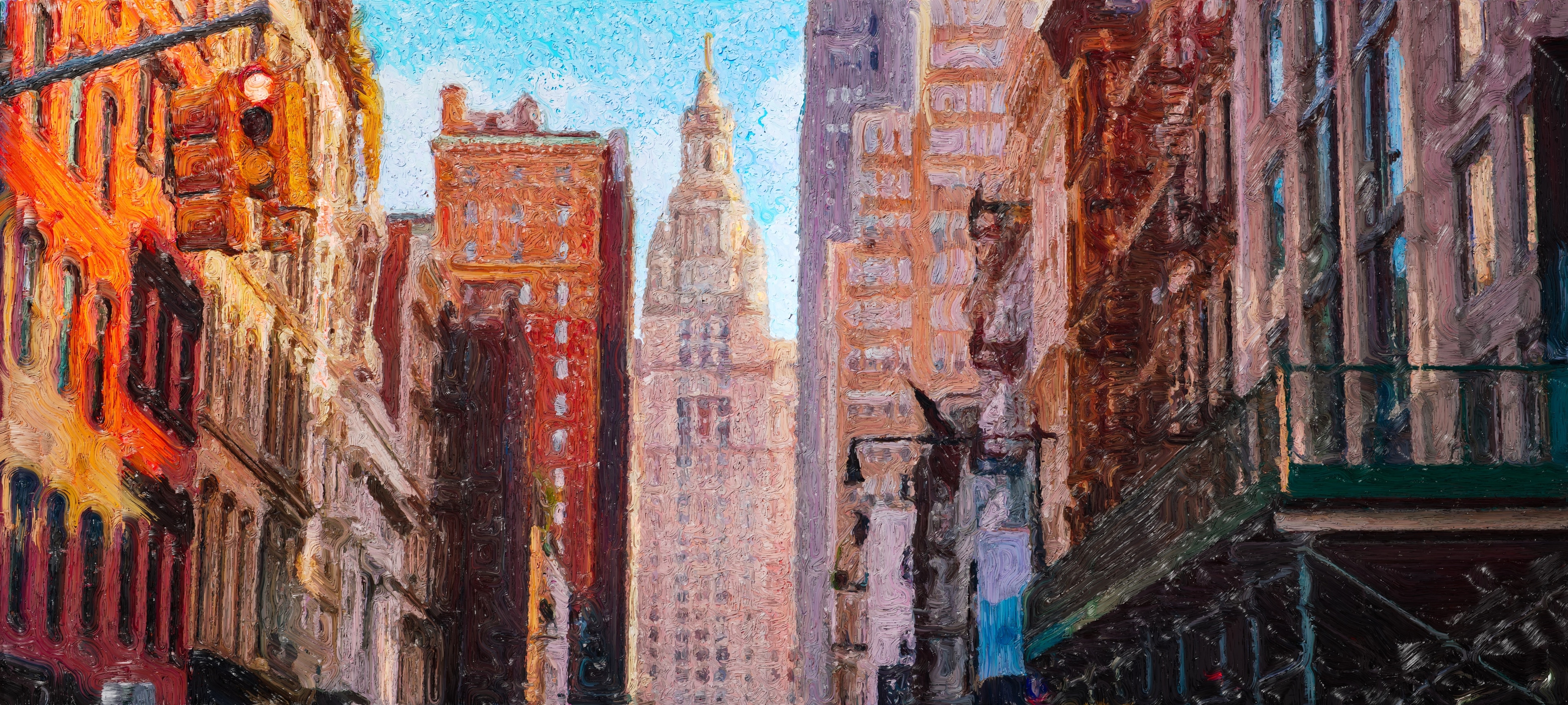 Oil-paint rendering of a narrow Manhattan street, red brick buildings with fire escapes framing a distant ornate skyscraper