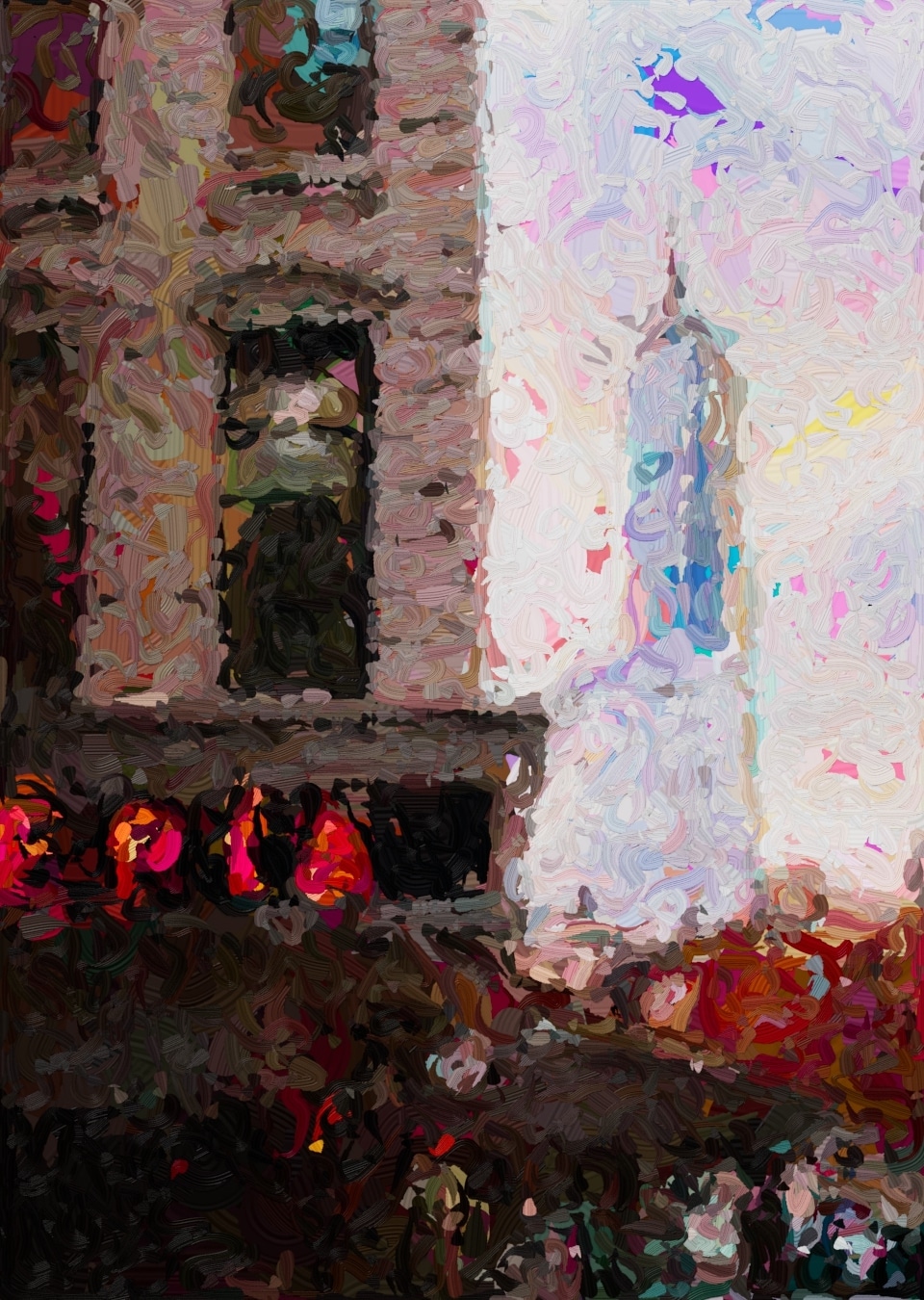 Looser take on the same scene, the One World Trade Center spire dissolving into thick pastel dabs of paint