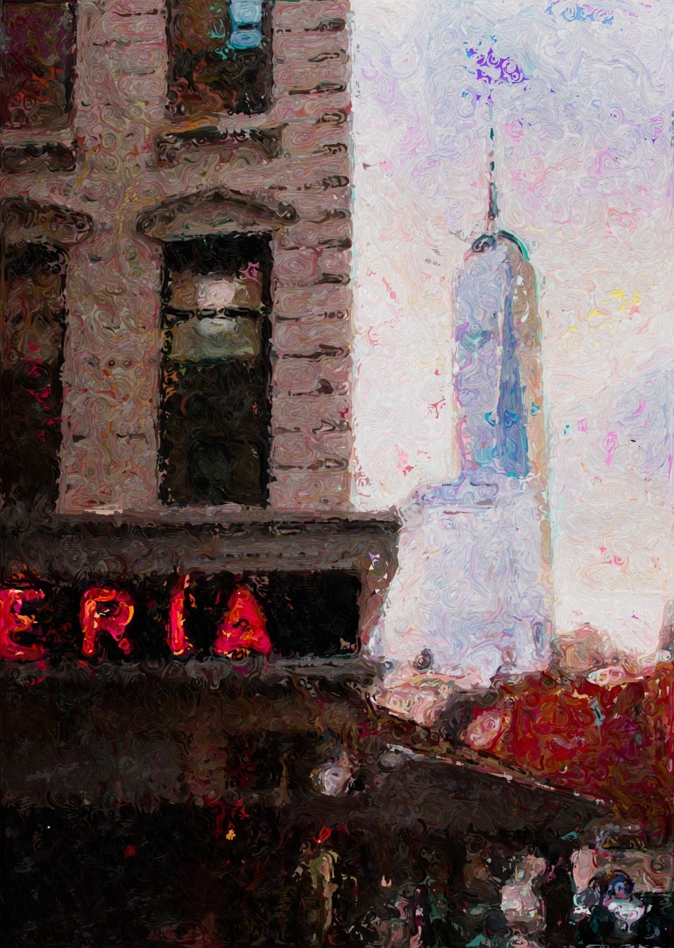 Swirling portrait painting of a brownstone window and red neon sign, with One World Trade Center rising against a pale sky