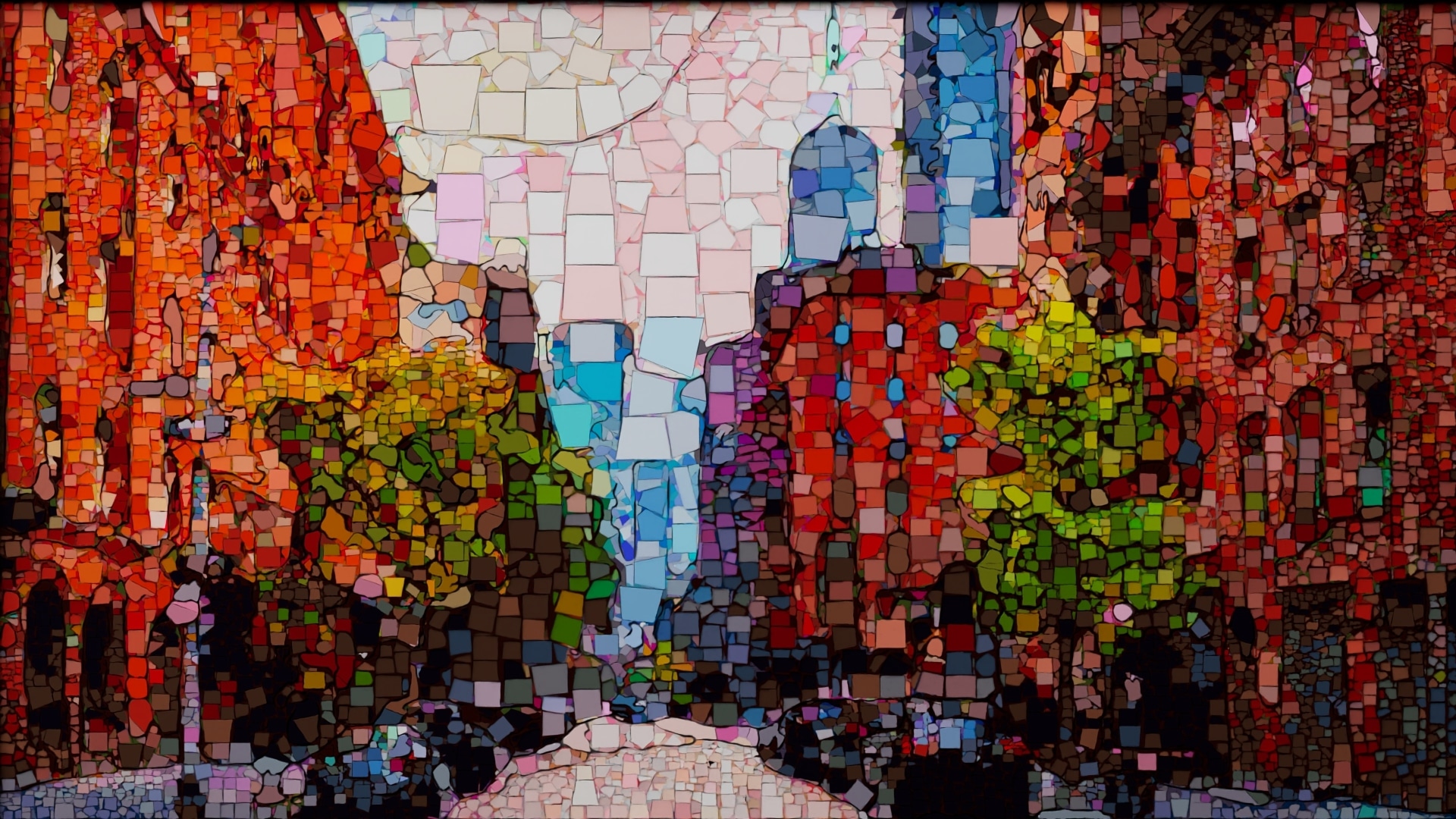 Tile mosaic of a New York street, red brick buildings, green trees and pale skyscrapers built from irregular coloured shards
