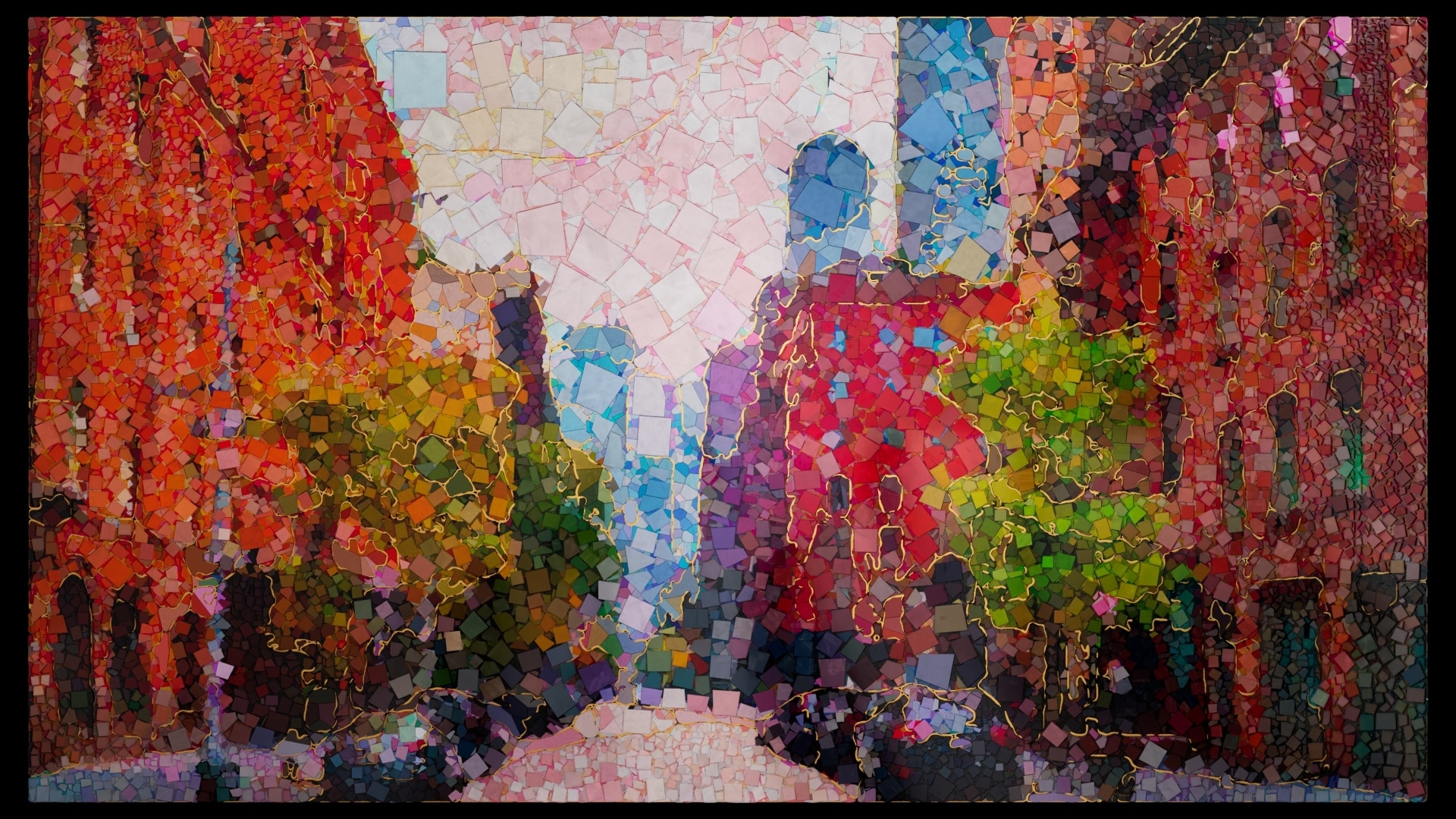 Mosaic variant with smaller, tighter tiles and thin gold grout lines tracing the buildings, trees and cars on the street