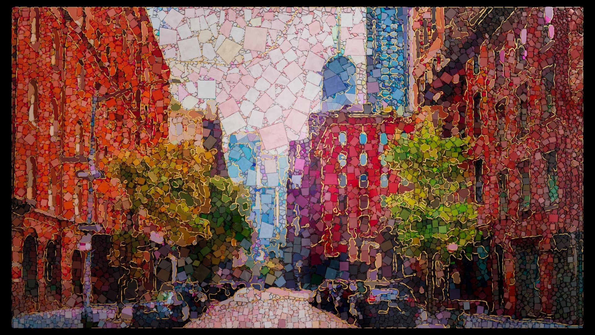 Mosaic variant with rounded pebble-like tiles and heavier gold outlines around the brick facades and autumn trees