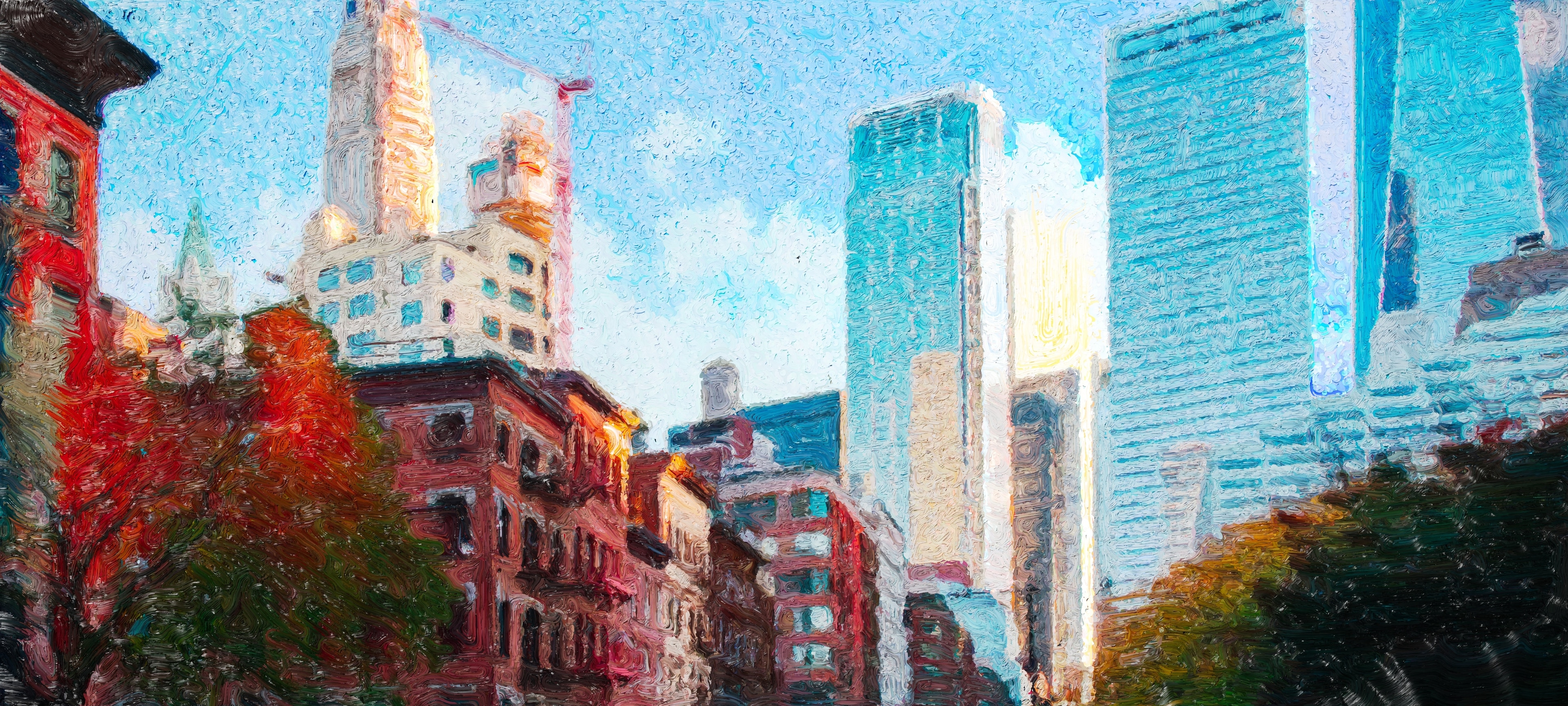 Impressionistic painting of red brick walk-ups and autumn trees beneath blue glass skyscrapers and a construction crane