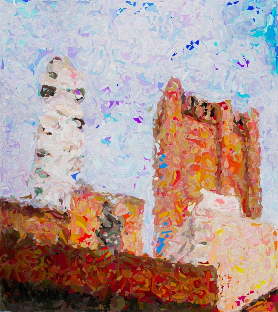 Chunky impasto painting of a white tower and a terracotta high-rise seen from street level, warm oranges against a lilac sky