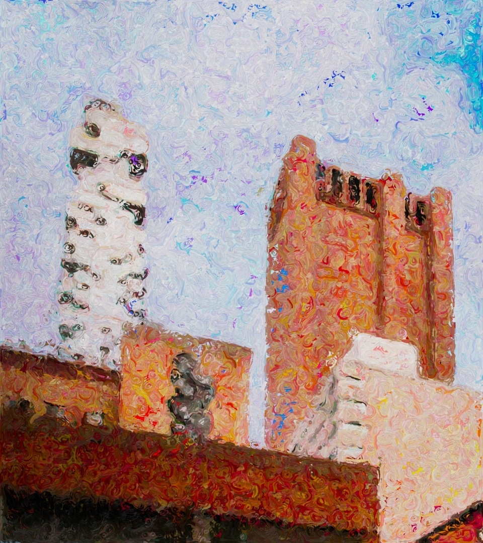 Finer swirled-brushstroke version of the same two towers, with window details emerging from the thick paint