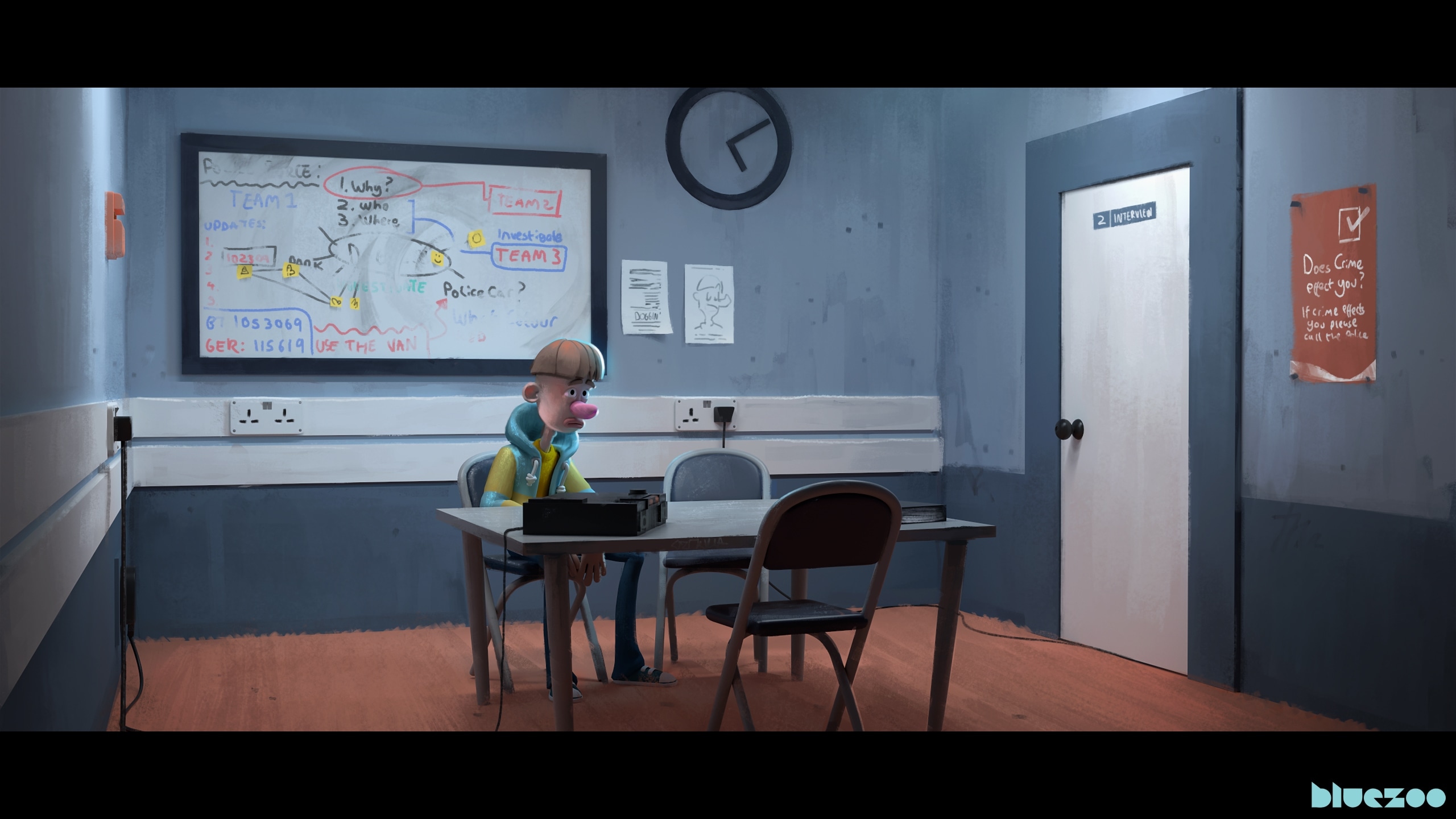 Animated-style character sitting alone in a police interview room, with a whiteboard of case notes, wall clock and closed door