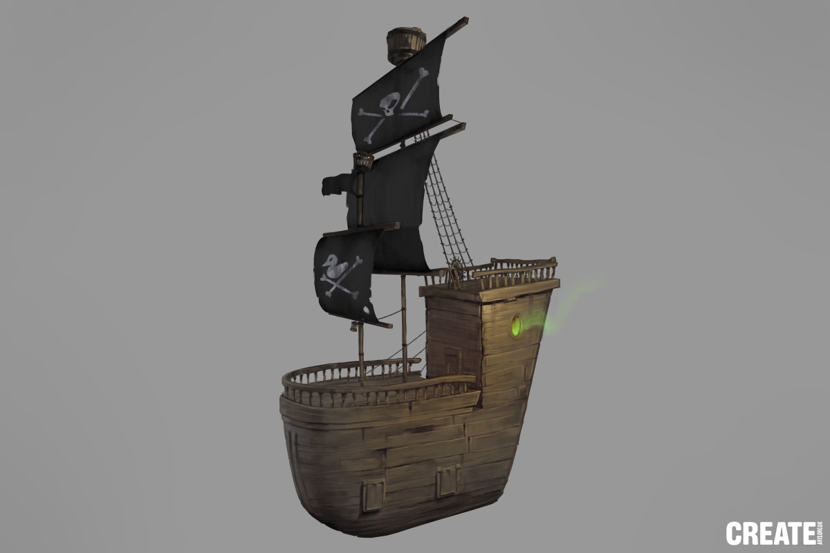 Stylised wooden pirate ship with black Jolly Roger sails, rope rigging and green smoke drifting from a porthole