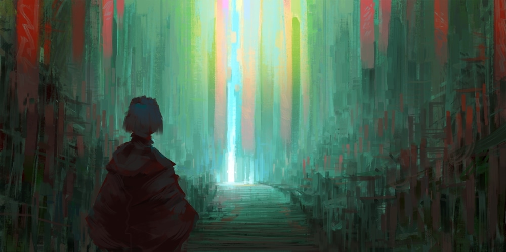 Painterly scene of a cloaked figure facing a long corridor of towering streaked forms toward a bright shaft of prismatic light