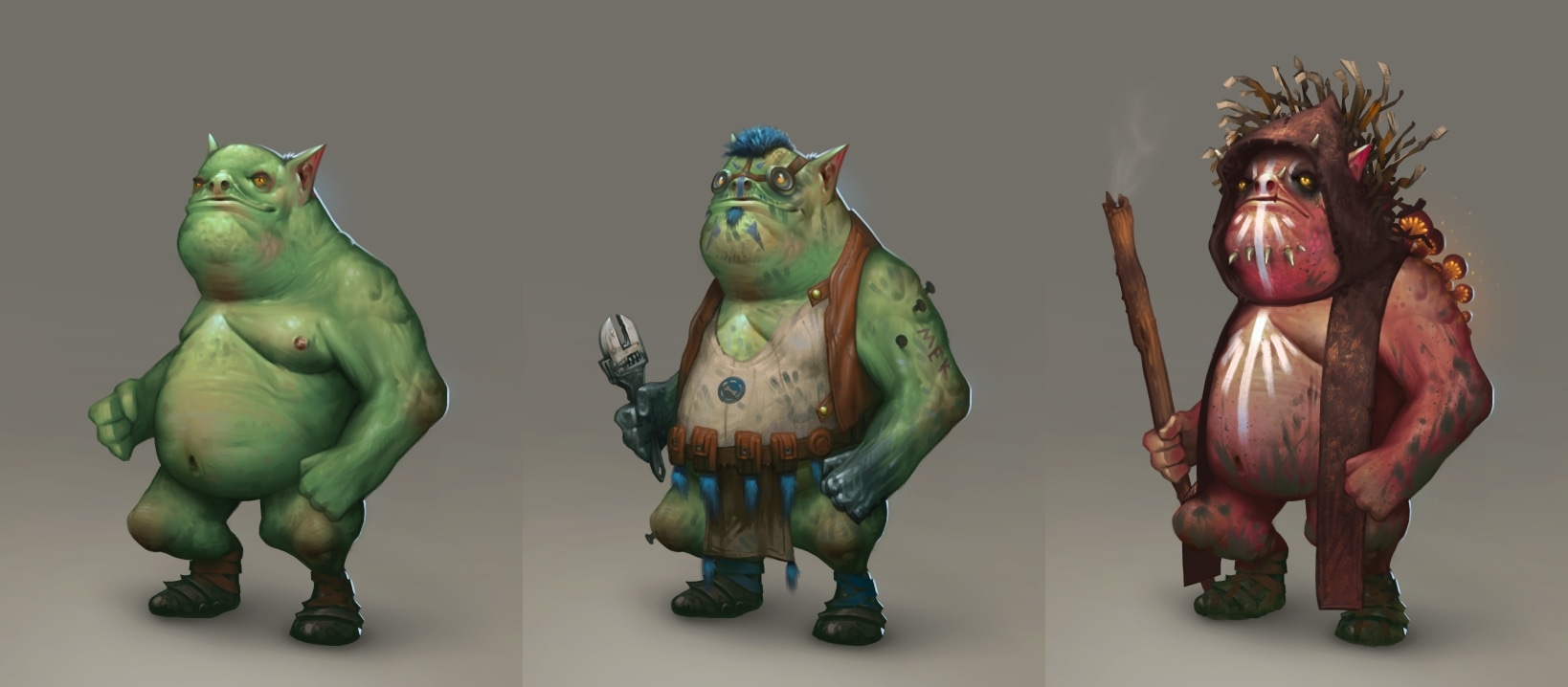 Three painted goblin variants: a bare-bellied green brute, a mechanic with a wrench and apron, and a red tribal figure with a smoking staff