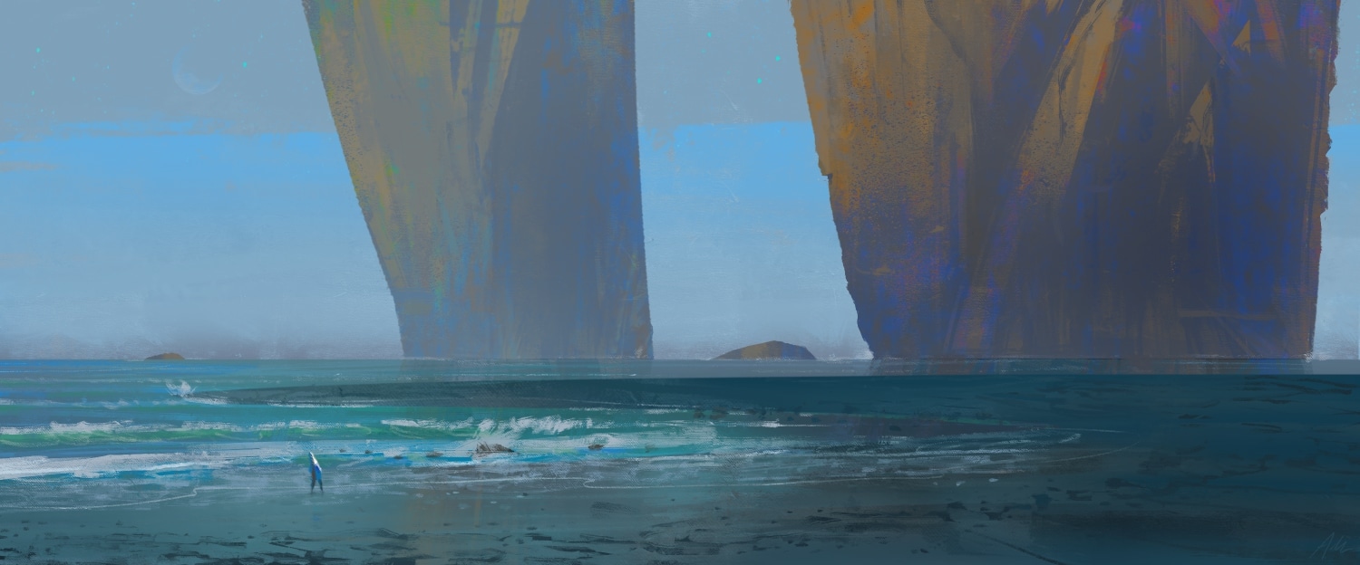 Painting of two colossal rock pillars rising from a misty sea, with a tiny figure standing in the surf below for scale