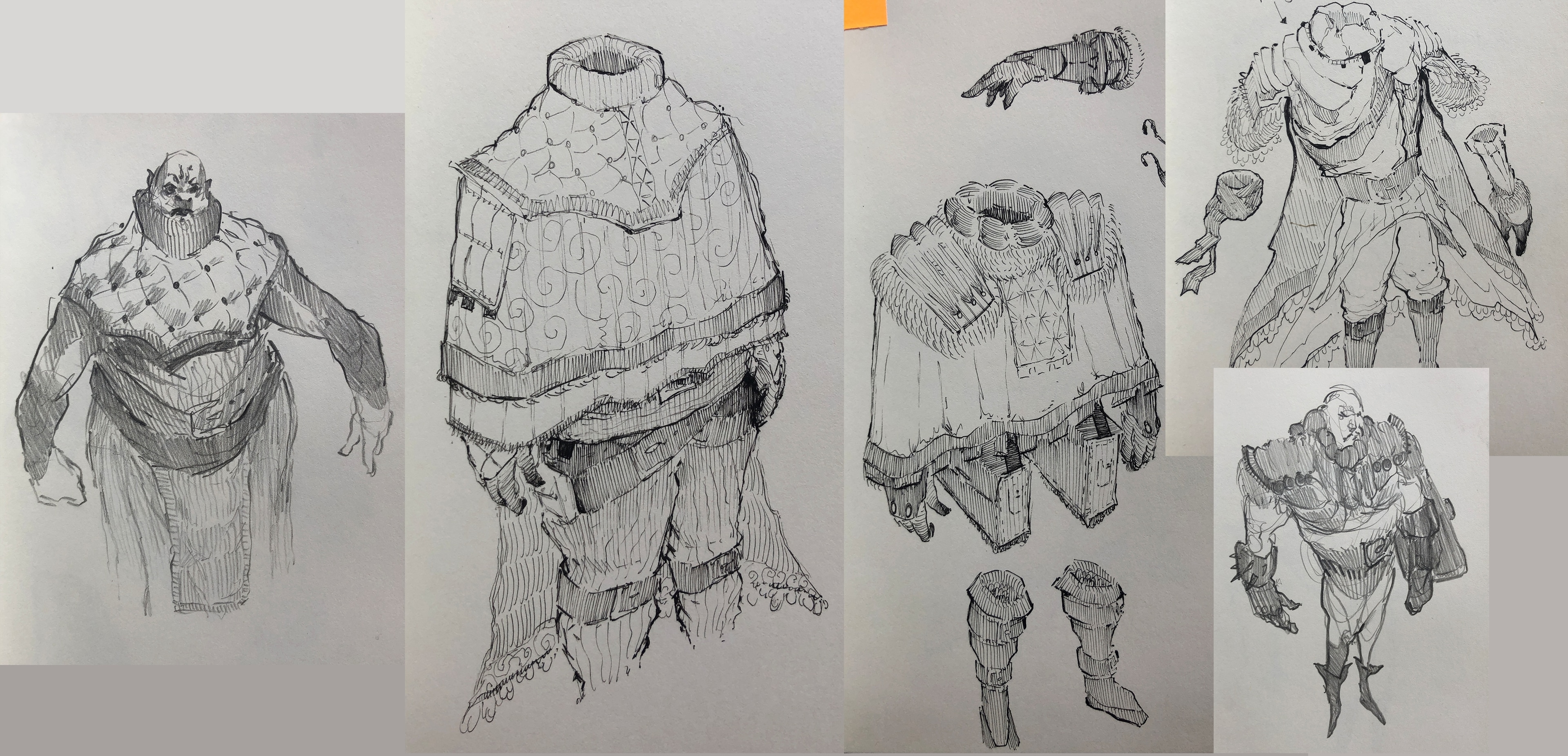 Pen and ink costume studies of a bald, heavyset character in a quilted cape, with separate sketches of gloves, boots and armour pieces