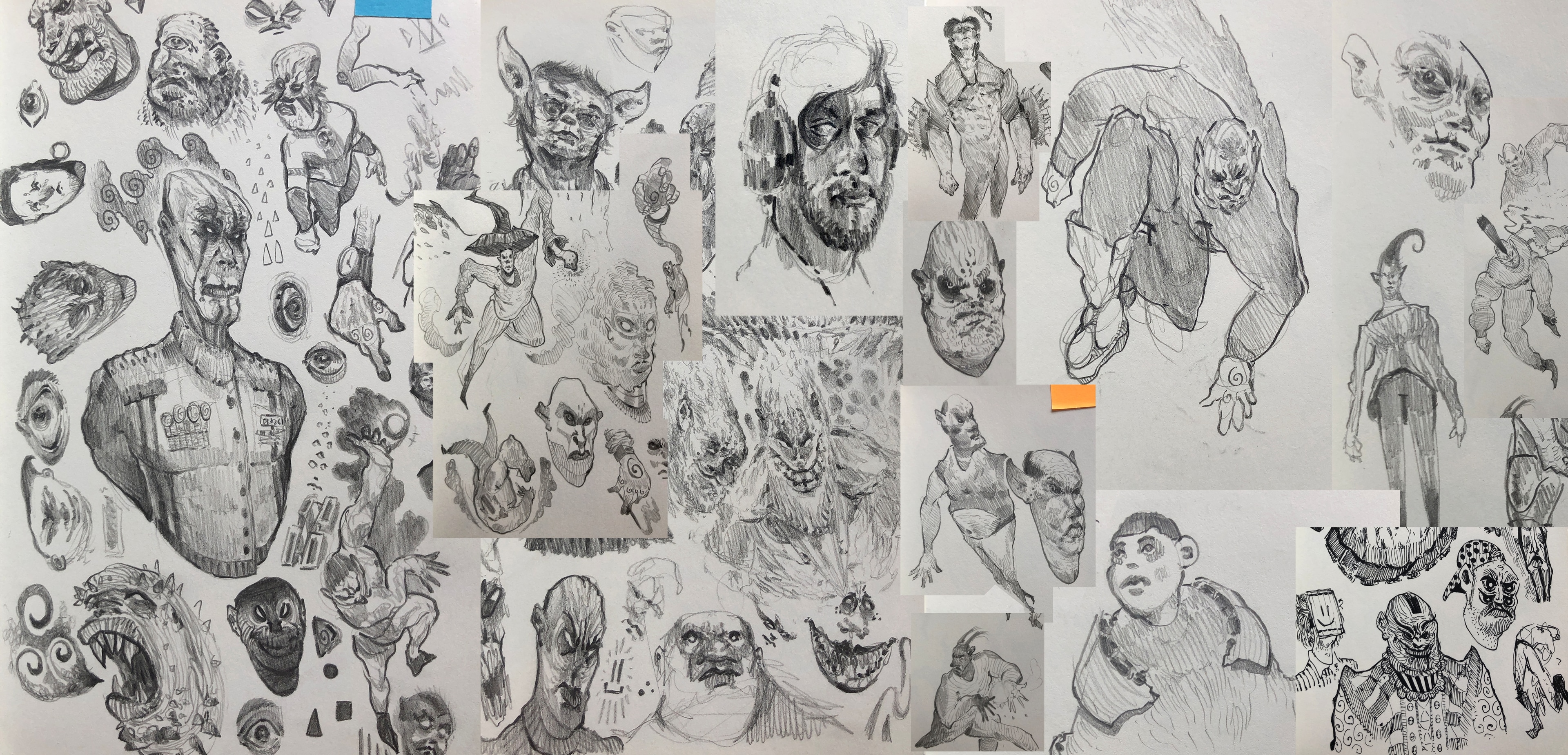 Collage of sketchbook pages filled with pencil and ink character heads, grotesque faces, creatures and figure studies