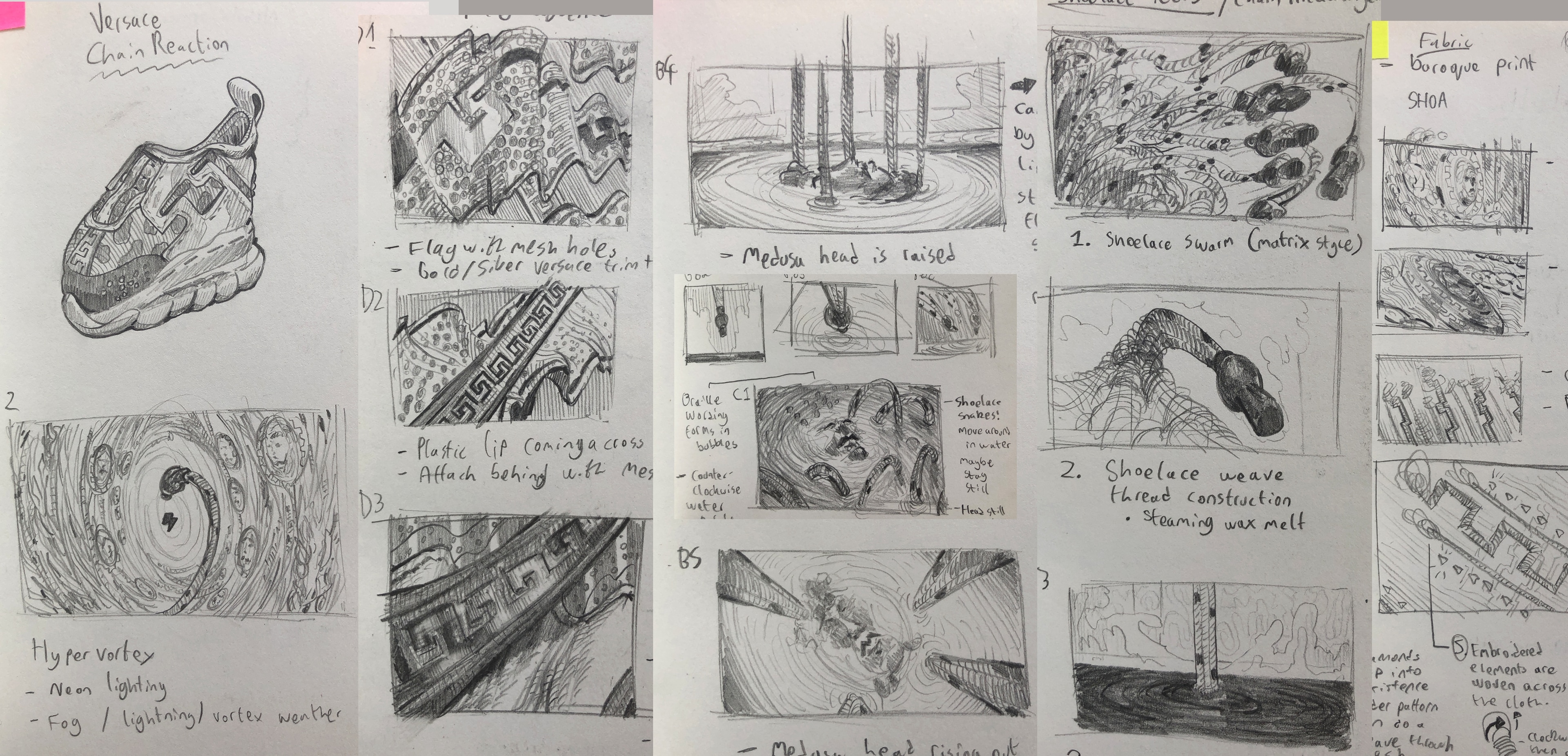 Pencil storyboard pages for a Versace Chain Reaction sneaker concept, with vortex, Medusa head and shoelace weave frames and notes