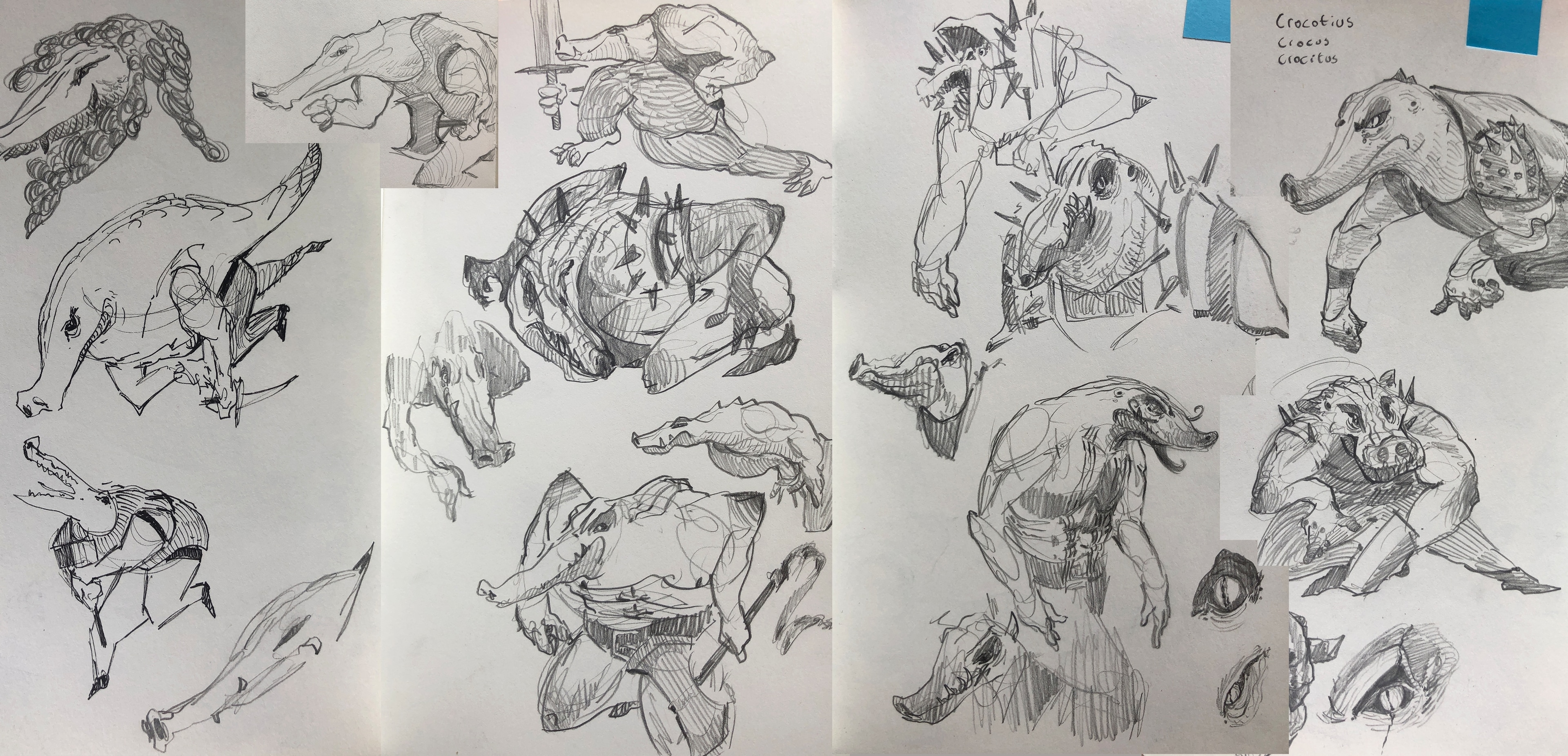 Pencil sketchbook pages exploring an armoured crocodile warrior character through poses, head studies and close-ups of eyes