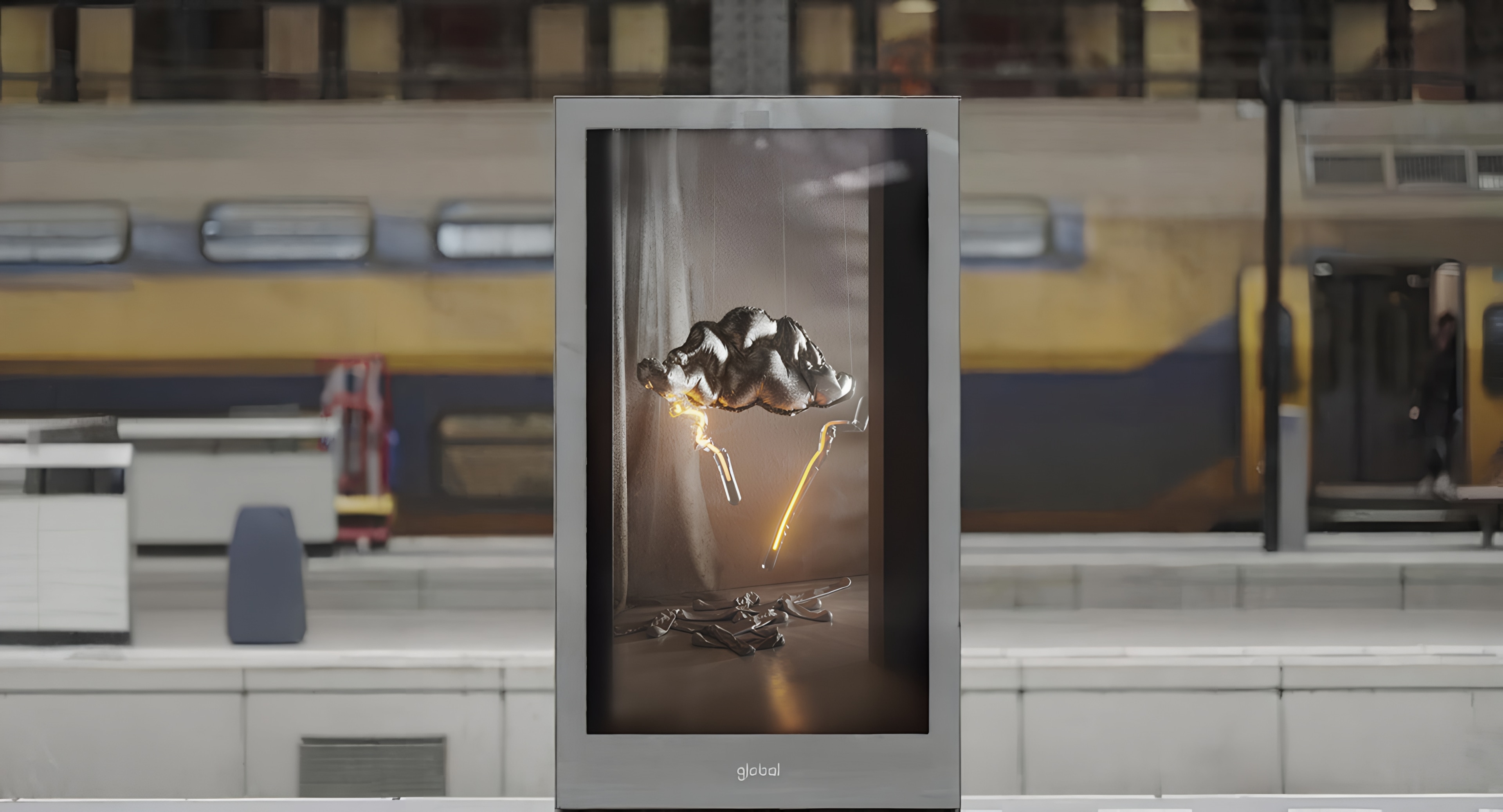 DEMO Festival screen on a Dutch train platform showing a crumpled balloon cloud striking glowing lightning onto deflated balloons