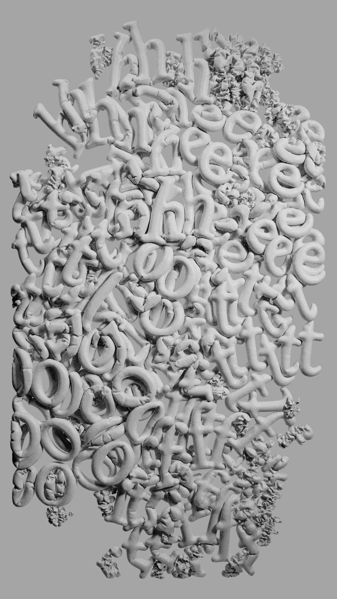 Dozens of grey clay-like letters from 'the lot of' crowding and squashing against each other in a dense vertical pile