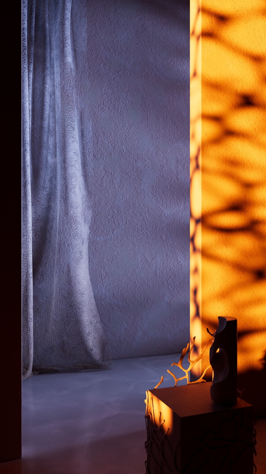 Dim room with a sheer curtain, a coral sculpture on a plinth and warm amber dappled light spilling across one wall