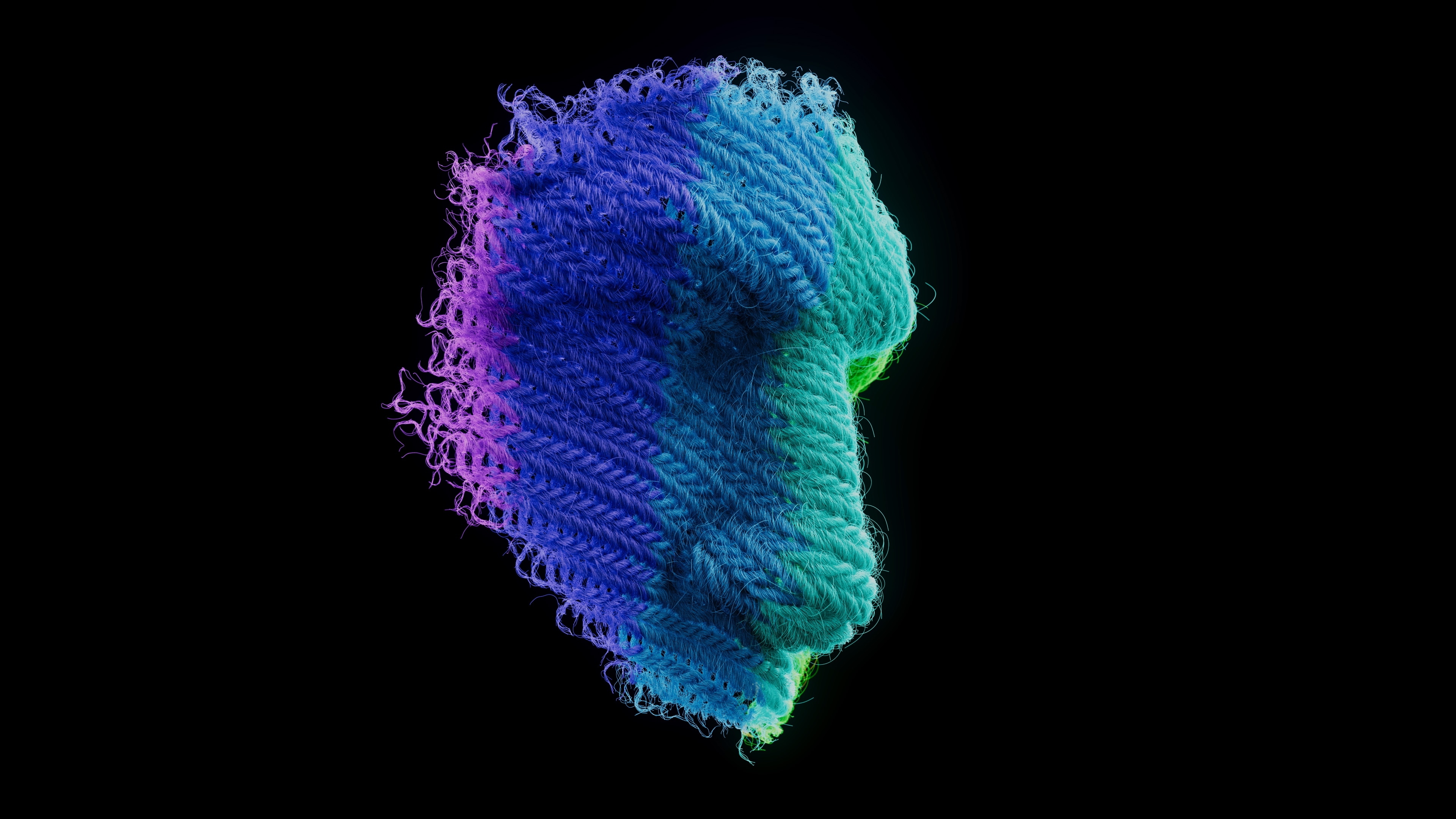 Knitted human face in profile with bands of purple, blue and teal yarn and frayed, unfinished edges floating on black