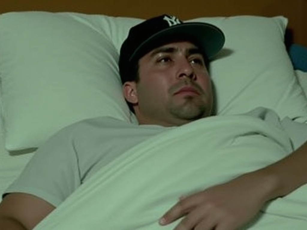 Man in a New York baseball cap lying in bed under the covers, staring blankly with a glum, under-the-weather expression