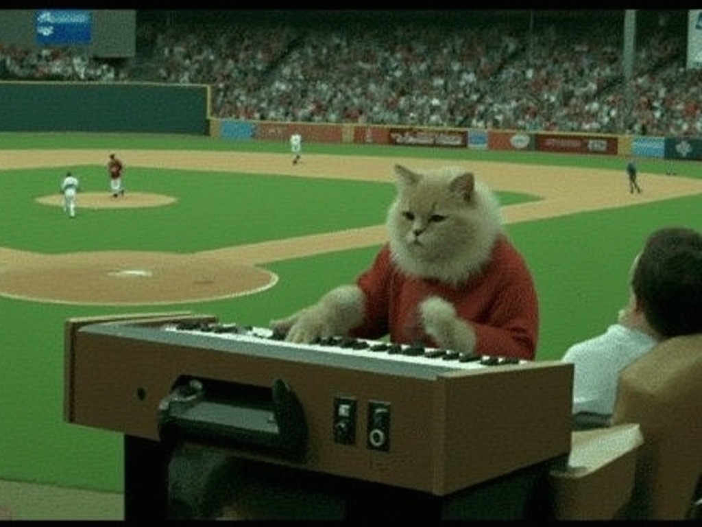 Fluffy cat in a red sweater playing a ballpark organ with a straight face, a baseball game underway in the stadium behind
