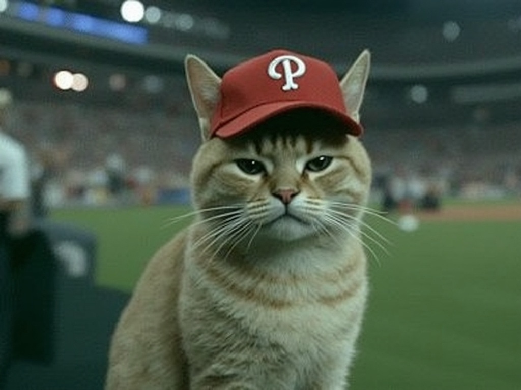 Unimpressed tabby cat wearing a red Phillies cap, sitting in front of a blurred baseball stadium crowd and field