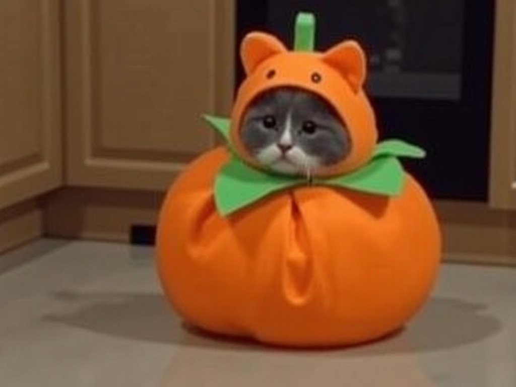 Grey and white kitten peering out of an orange felt pumpkin costume with a green leaf collar, sitting on a kitchen floor