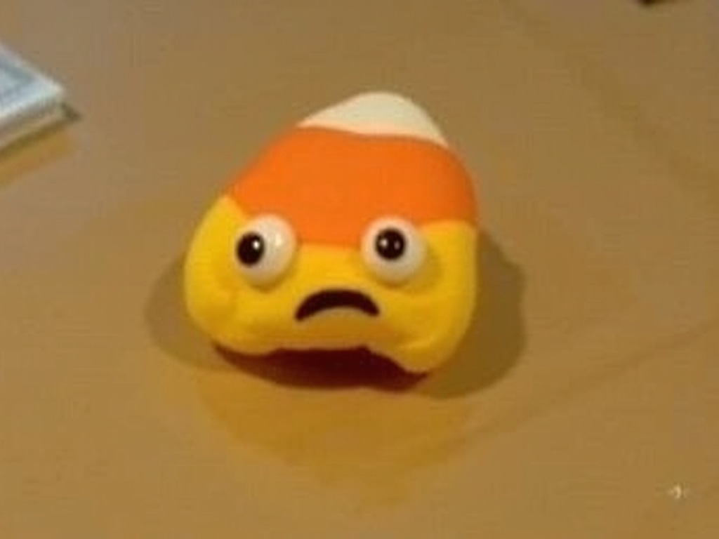 Clay-like candy corn character with googly eyes and a downturned frown, sitting glumly on a wooden tabletop