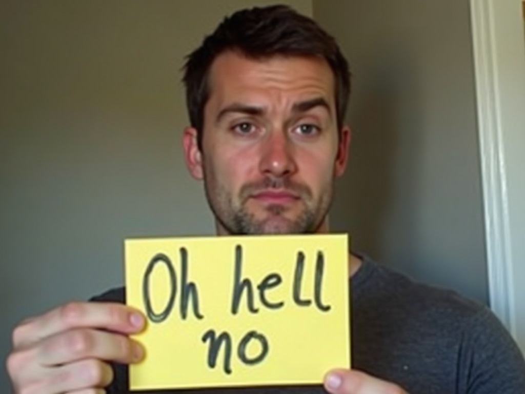 Unshaven man in a grey T-shirt holding up a yellow card reading 'Oh hell no' with a sceptical, raised-eyebrow expression