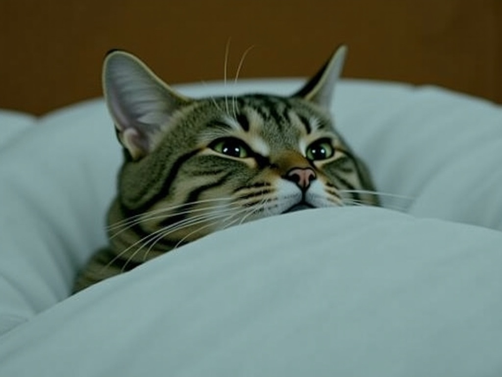Tabby cat tucked under a pale duvet with just its head peeking out, looking up with a weary, wide-eyed stare