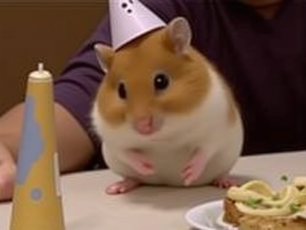 Round orange and white hamster in a tiny paper party hat standing on a table beside a party horn and a slice of cake