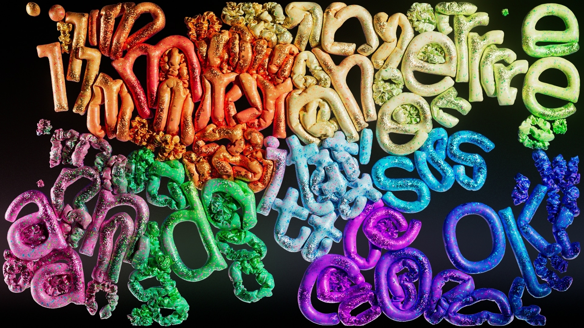 OFFF 2025 Houdini render of glossy, glitter-flecked balloon letters in a rainbow gradient, loosely scattered across a black background