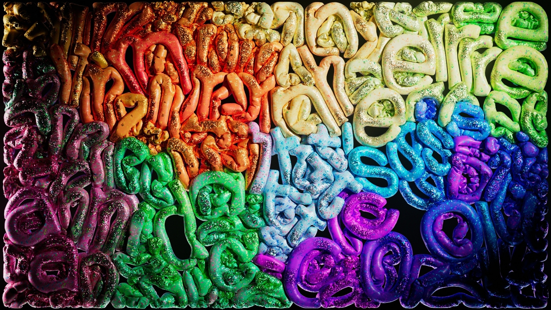 Later simulation stage where the rainbow balloon letters have inflated to fill the frame, packed tightly into a dense glittering mass