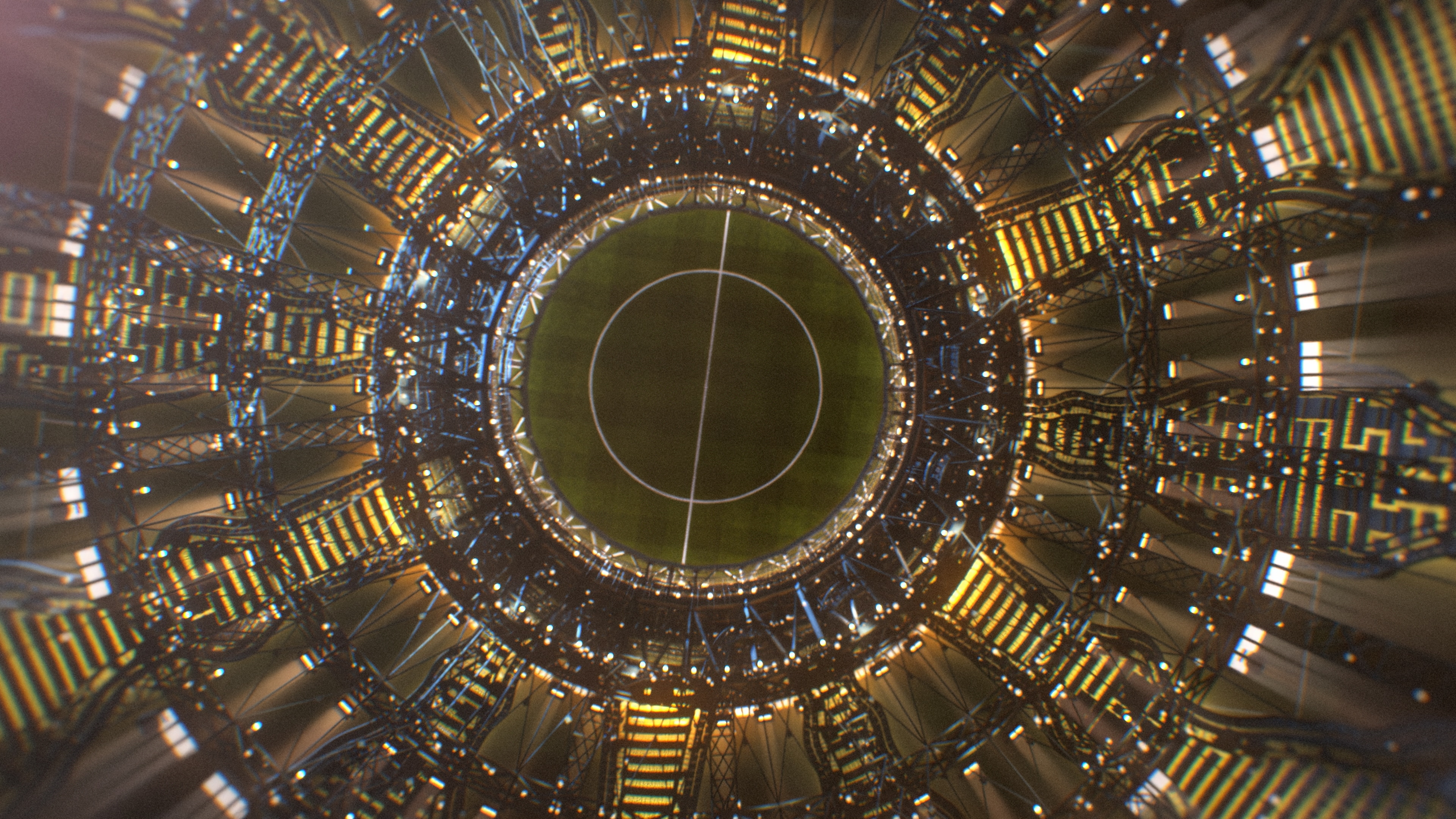 Top-down view into the cup's circular superstructure, rings of lit stairways and trusses surrounding a football pitch below