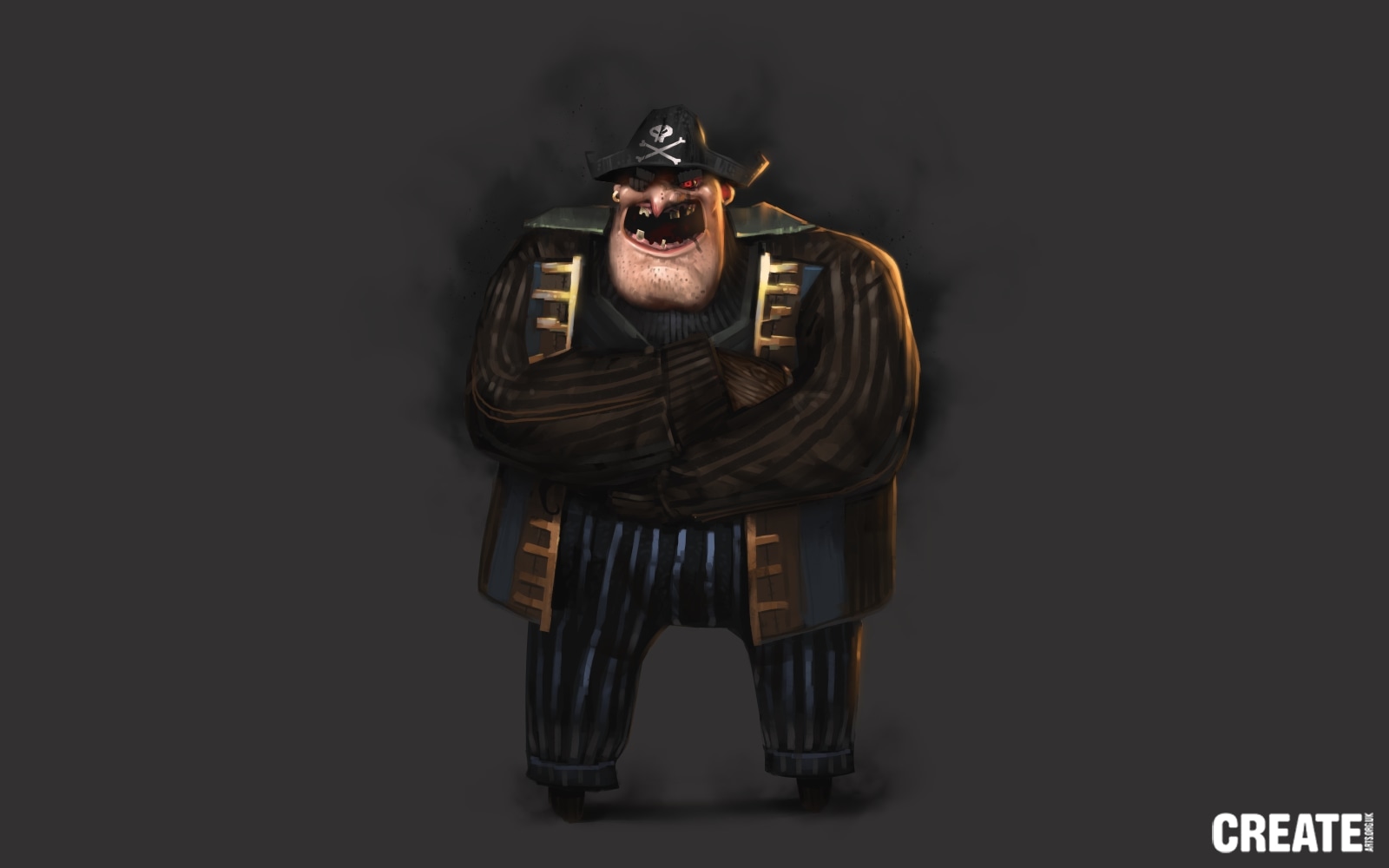 Stocky pirate captain with a skull-and-crossbones hat, snaggle-toothed grin and folded arms in a pinstriped coat, painted on dark grey