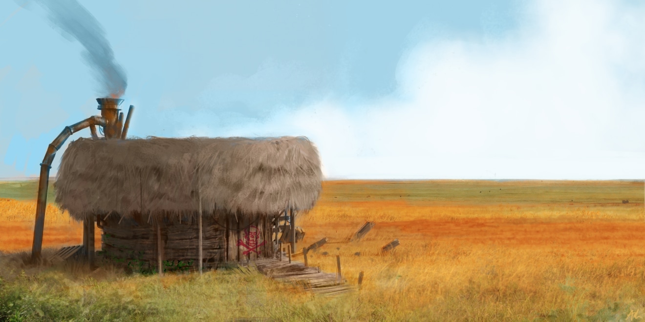 Painted thatched hut with a rusty smokestack and graffitied timber walls, standing alone in a vast golden grassland
