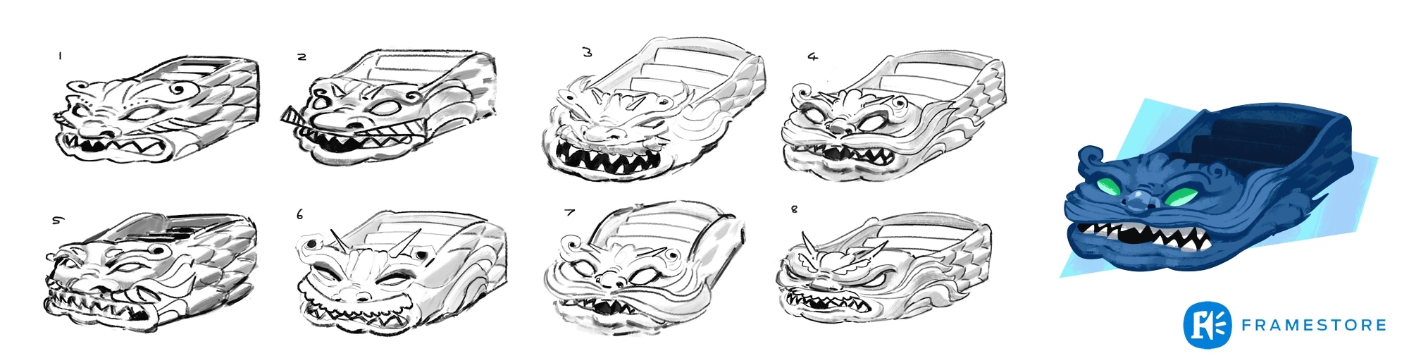 Eight numbered pencil sketches of a dragon-faced ride vehicle with bared teeth, plus a navy colour version with glowing green eyes