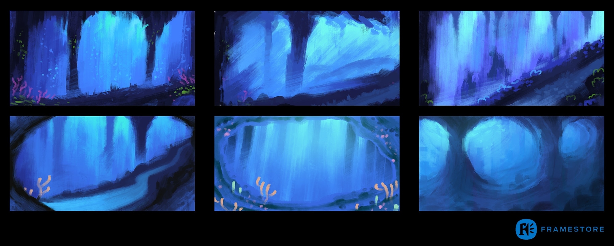 Six blue-toned painted keyframes of misty underwater caverns with shafts of light, coral and glowing plant life