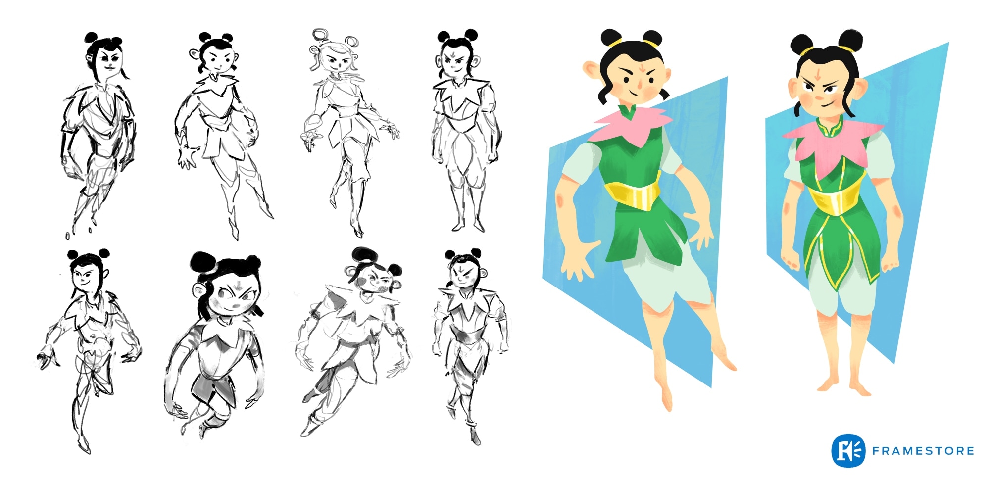 Nezha character sheet: rough ink pose sketches beside two coloured turnarounds in a green tunic and pink lotus collar