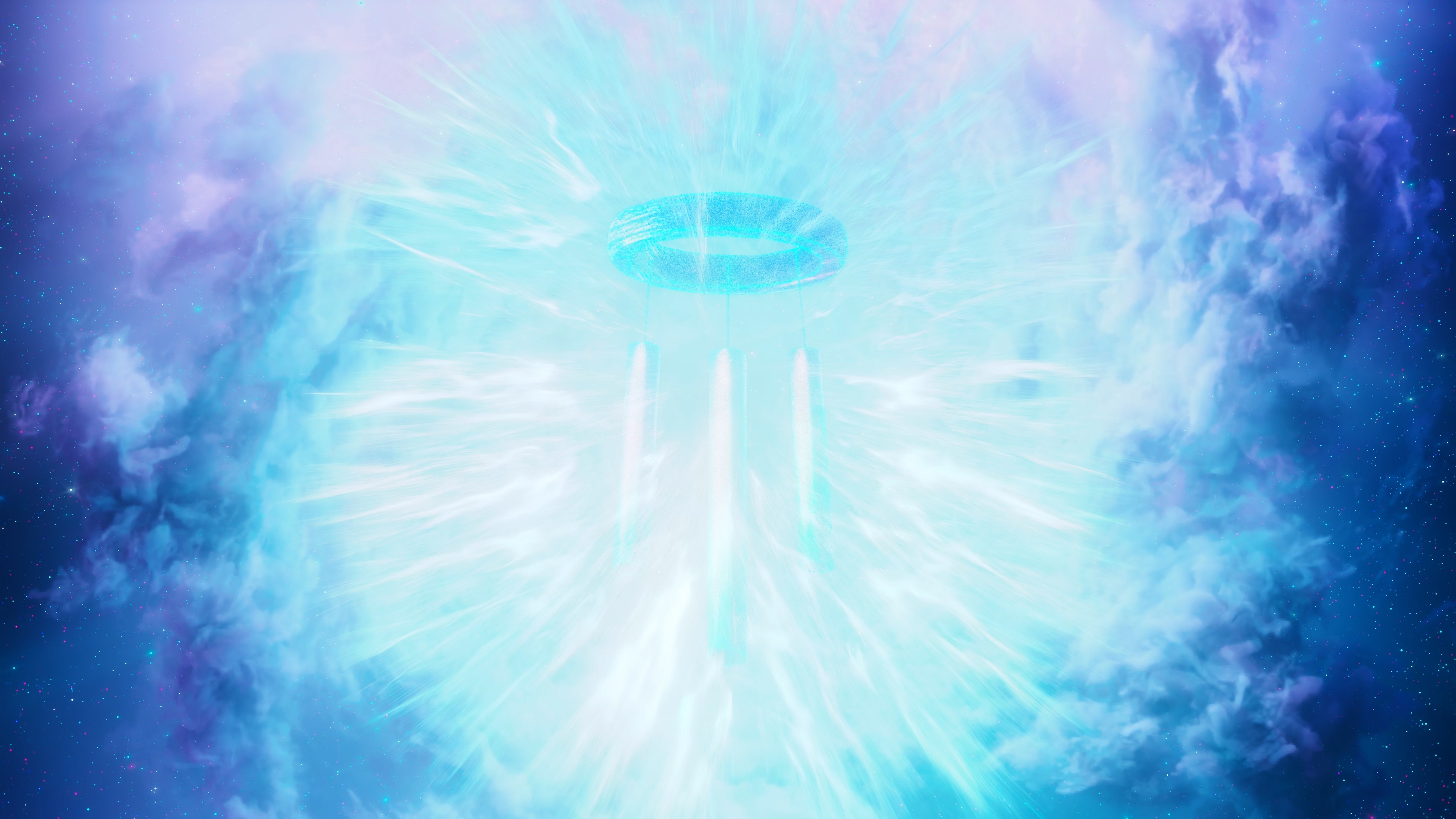 The logo erupting in a blinding cyan burst of streaking light, its ring and three tubes silhouetted within violet nebula clouds