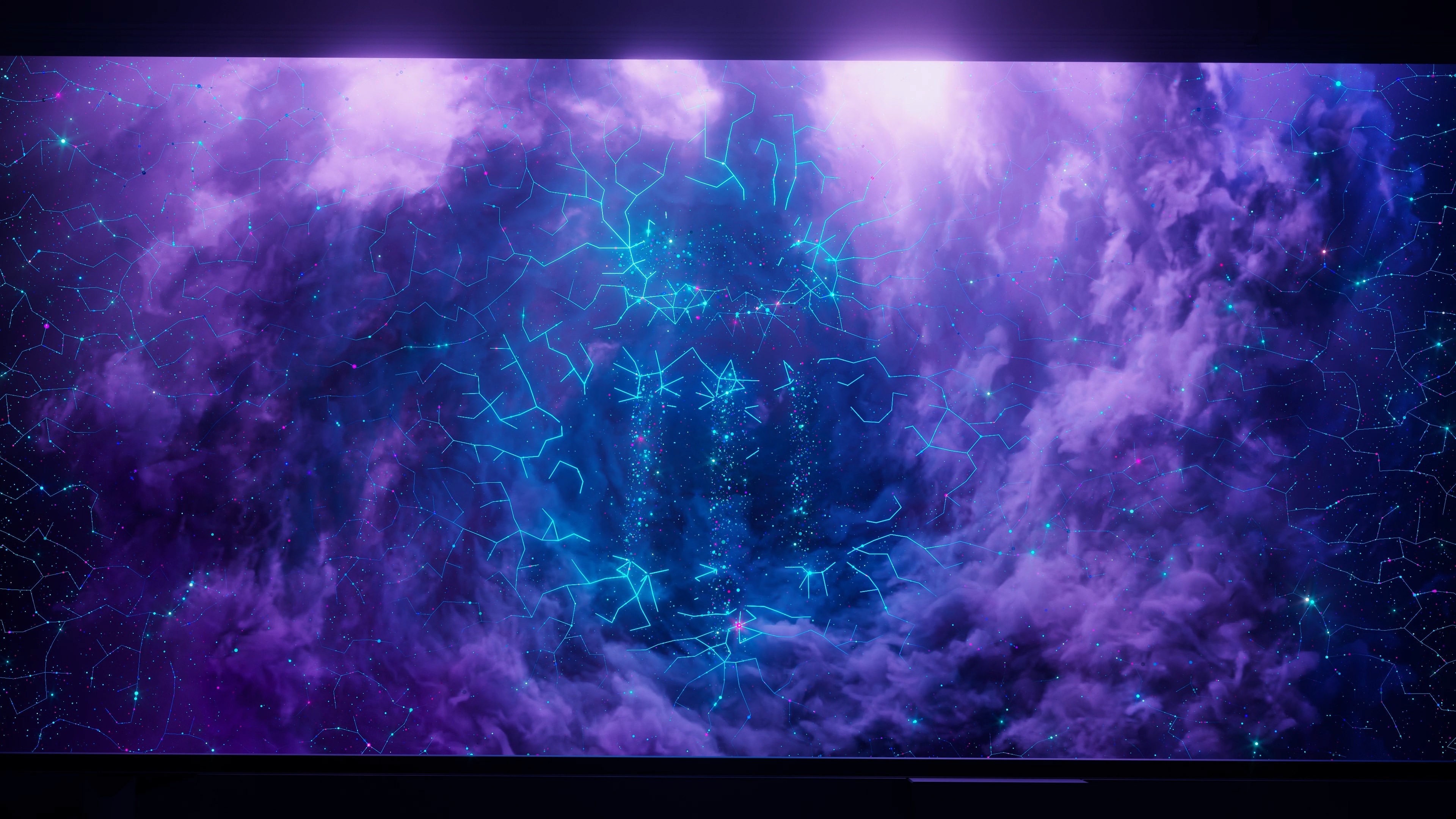 Early constellation pass in the purple nebula, scattered cyan star connections only loosely suggesting the logo shape