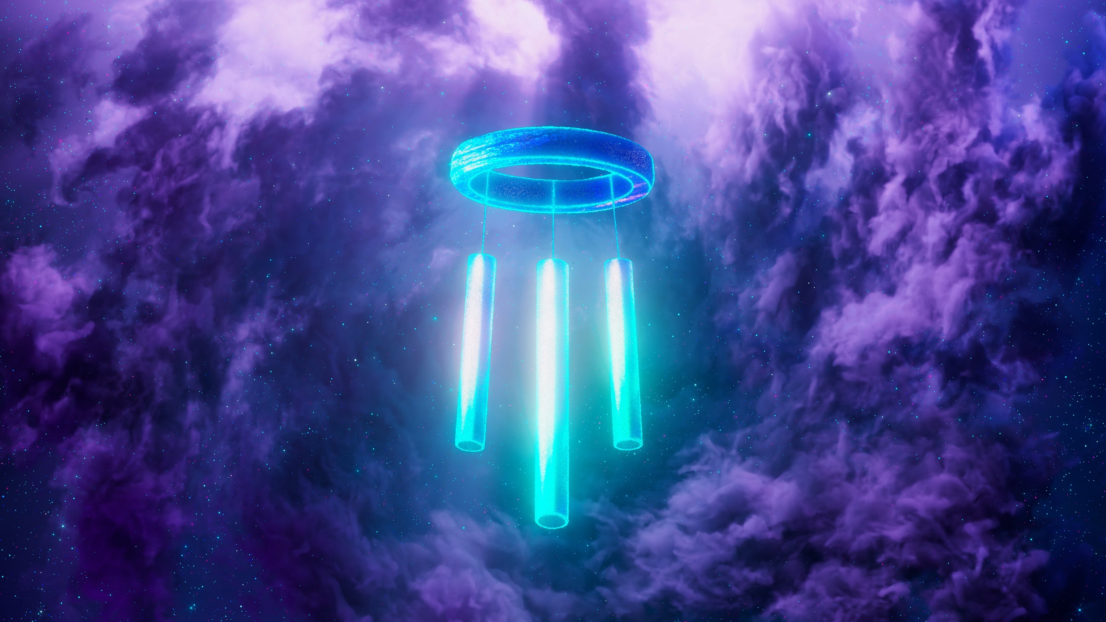 Finished logo, a glowing cyan ring suspending three luminous chime tubes, floating amid billowing purple nebula clouds