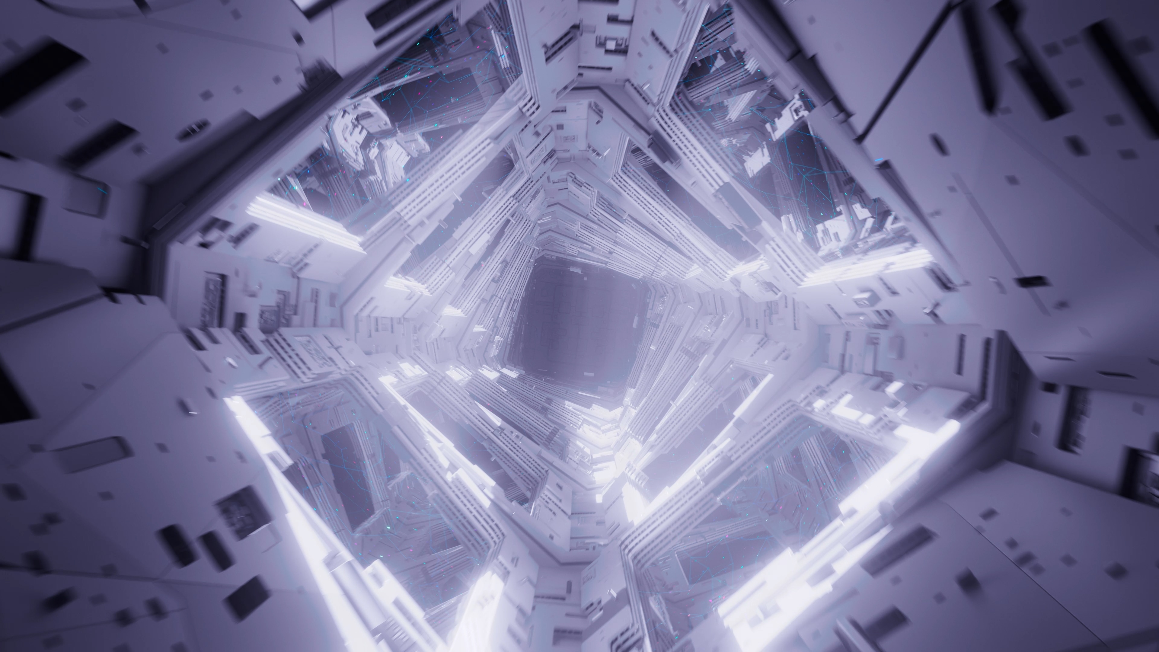 Brightly lit white procedural space station interior, square frames of greebled panels recursing into a deep tunnel