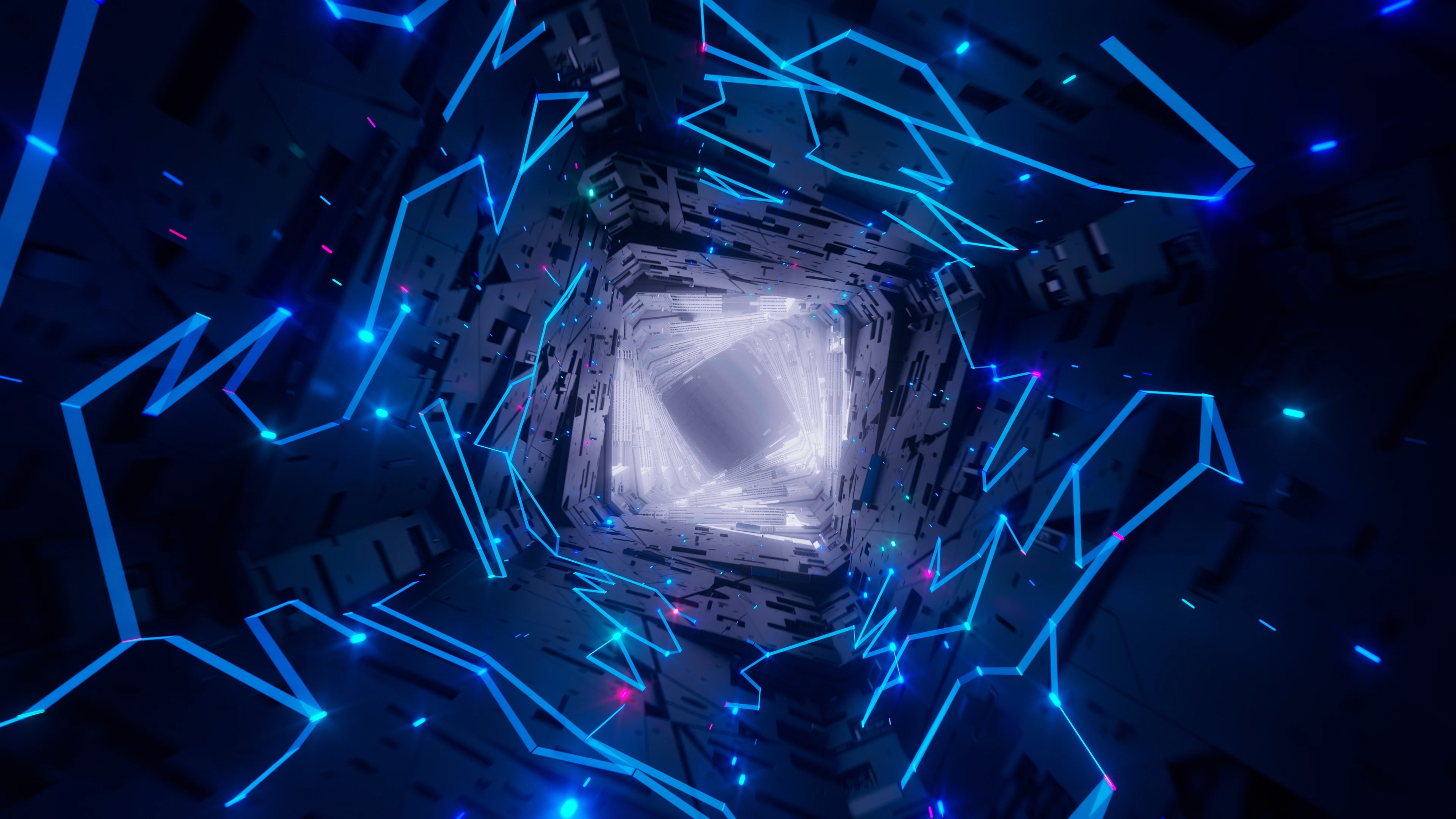 Looking down a dark procedural space station tunnel toward a bright core, with jagged blue constellation lines swirling around