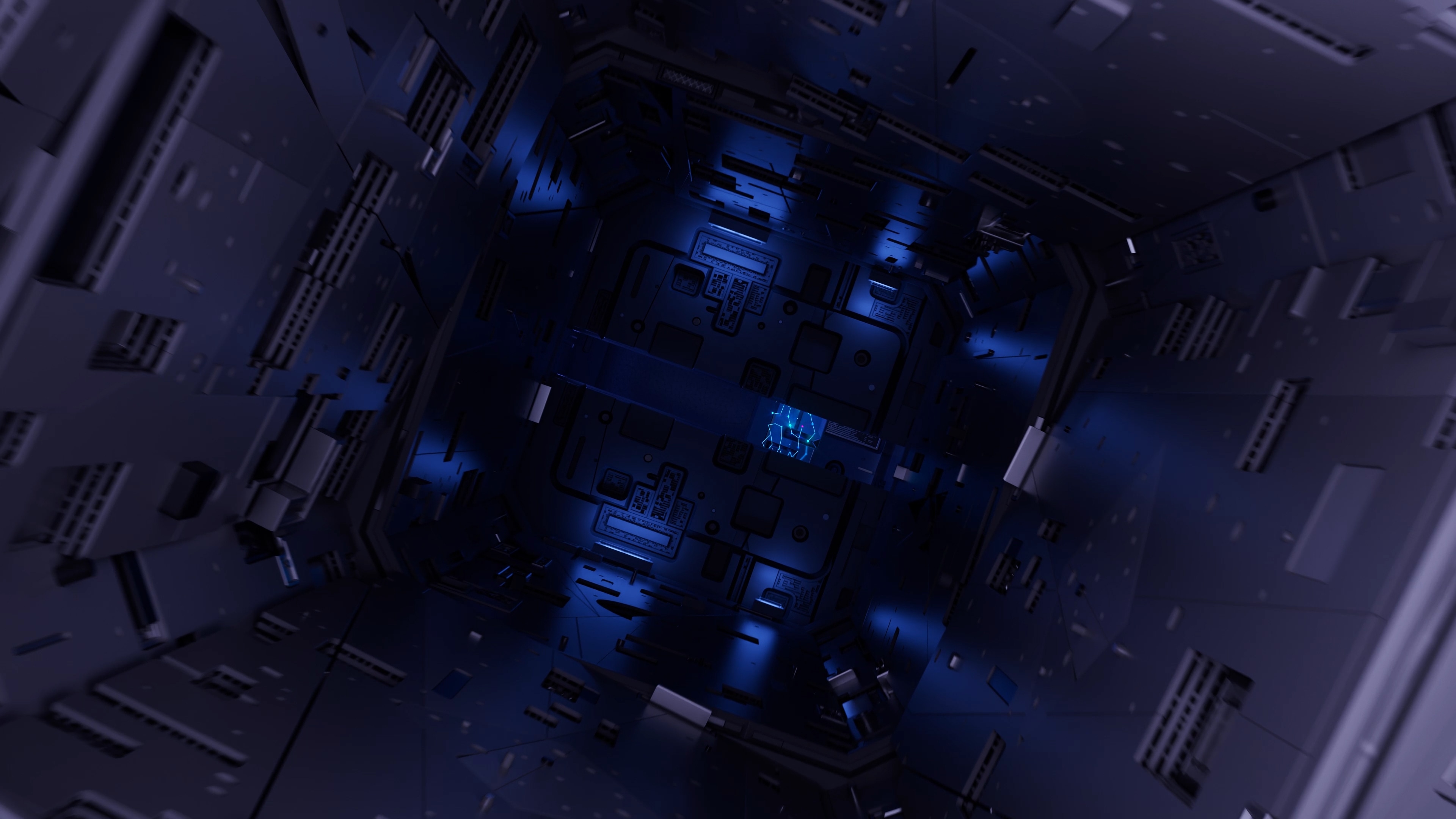 Dark blue view down a square space station shaft lined with recursive greebled panels, a small glowing glyph at its centre