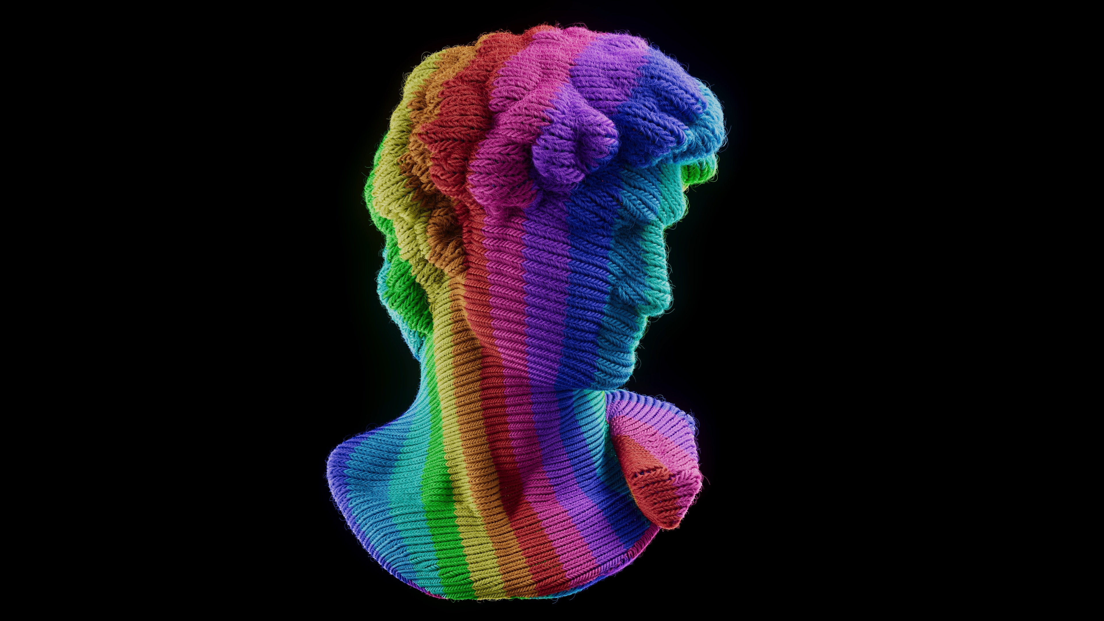Knit 100M final render: a bust resembling Michelangelo's David knitted in rainbow stripes of fine yarn on black