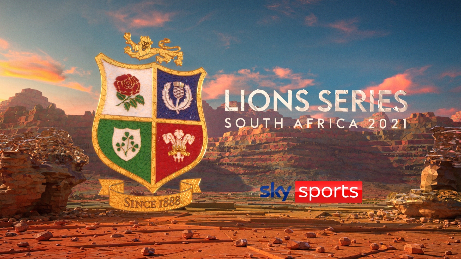 End card with the British and Irish Lions crest and Sky Sports Lions Series South Africa 2021 title over a red desert